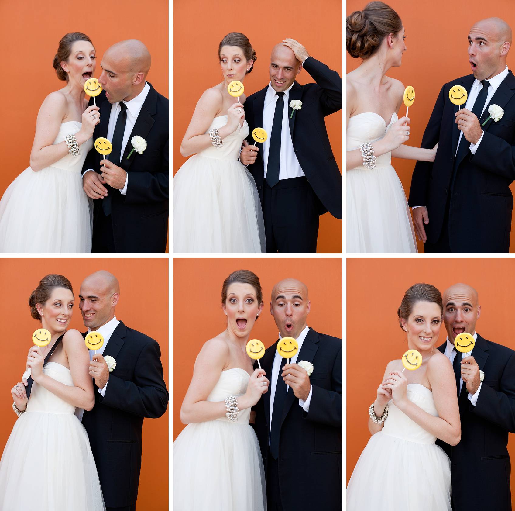 bride and groom goofing off with happy face lollipops 