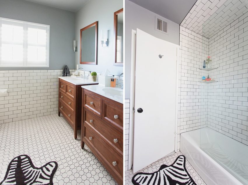 white subway tile with dark black grout bathroom jonathan adler touches zebra rug and bathroom refresh home tour belonging to diana elizabeth, lifestyle blogger