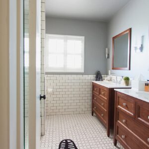 white subway tile with dark black grout bathroom jonathan adler touches zebra rug and bathroom refresh home tour belonging to diana elizabeth, lifestyle blogger