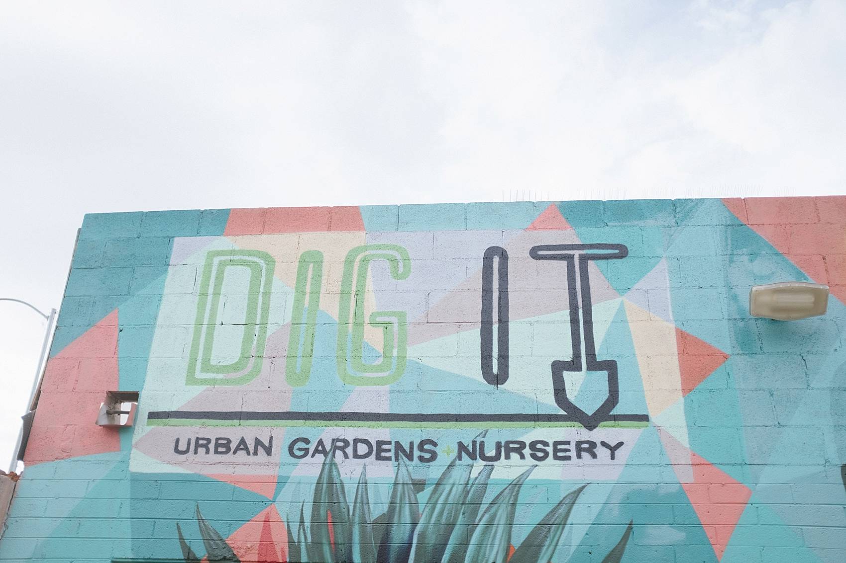 dig it nursery sign side of painted building bright colors and skyline