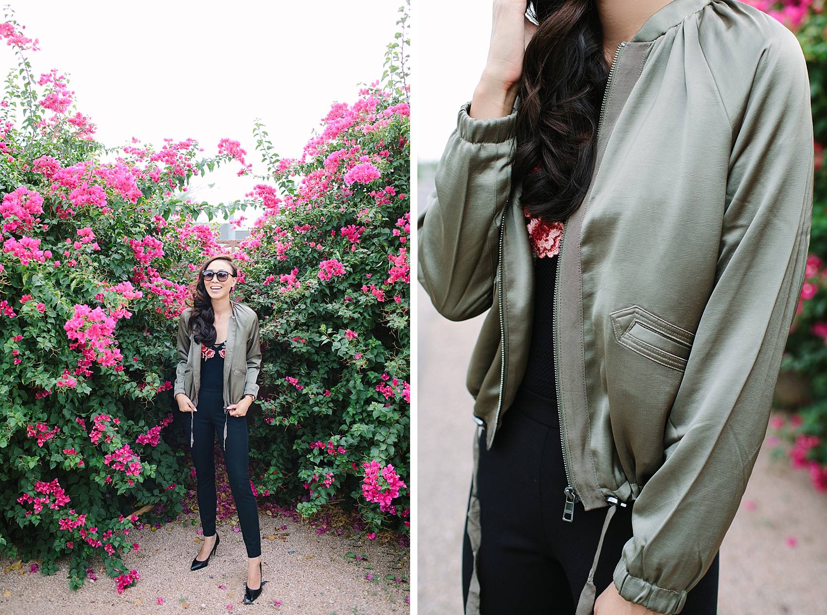 diana elizabeth lifestyle blogger in black devon-fit bi-stretch leggings and satin bomber jacket by banana republic standing in front of pink bougevvilla plants 