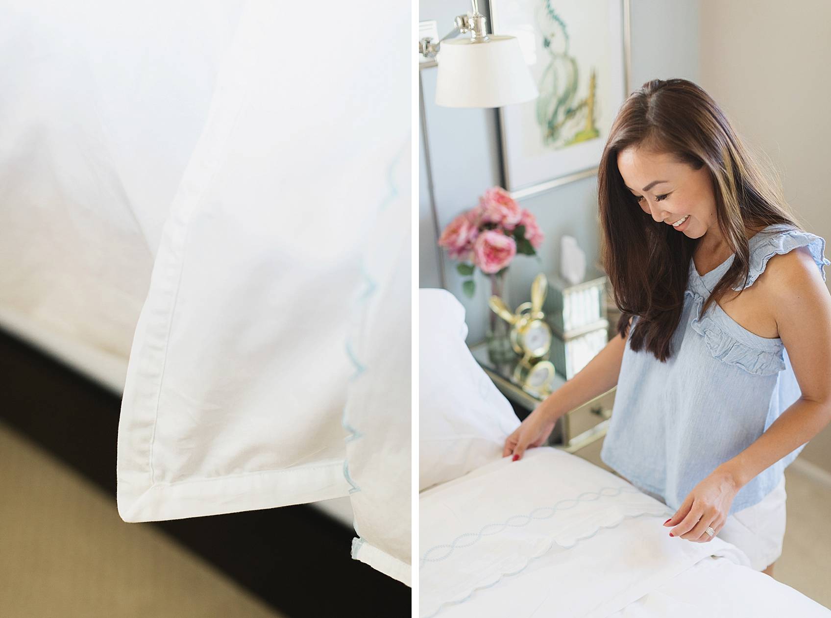 serena and lily bedding all white with border, diana Elizabeth blogger making bed