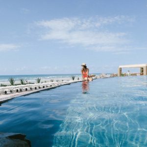 Lifestyle blogger Diana Elizabeth in Puerto Penasco Rocky Point Mexico in infinity pool at las palomas