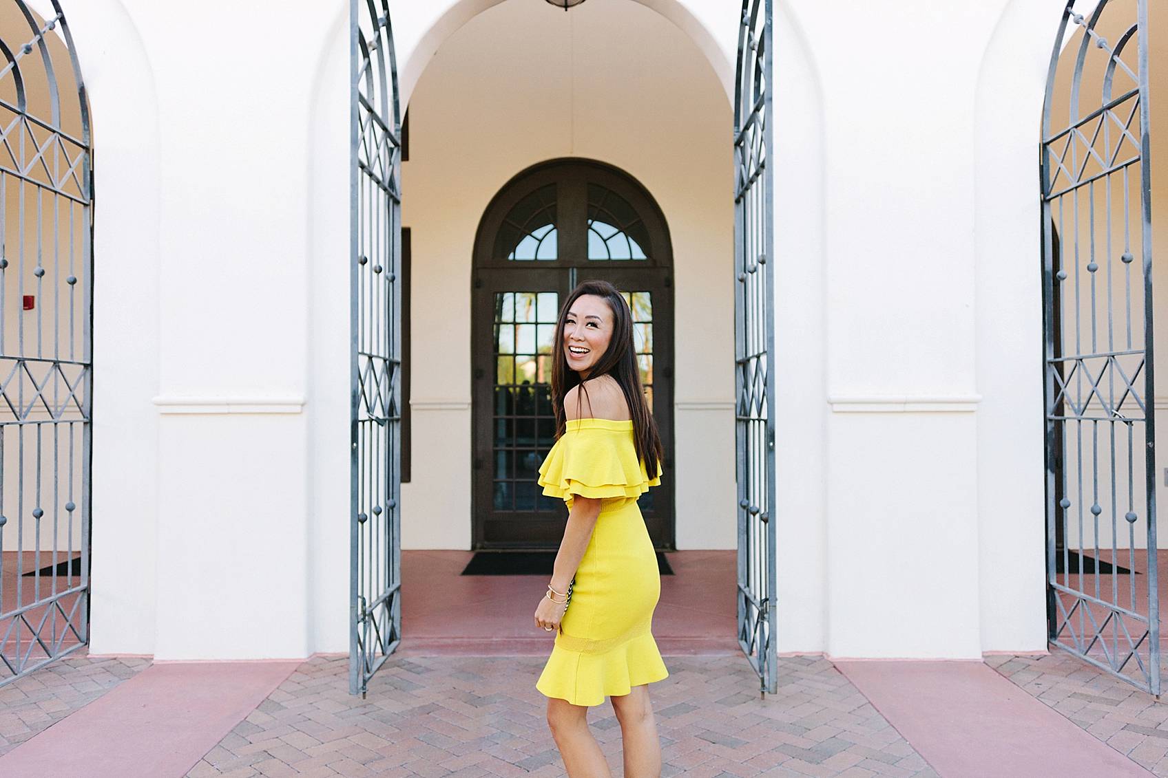 yellow ruffle dress on lifestyle blogger diana Elizabeth at heard museum