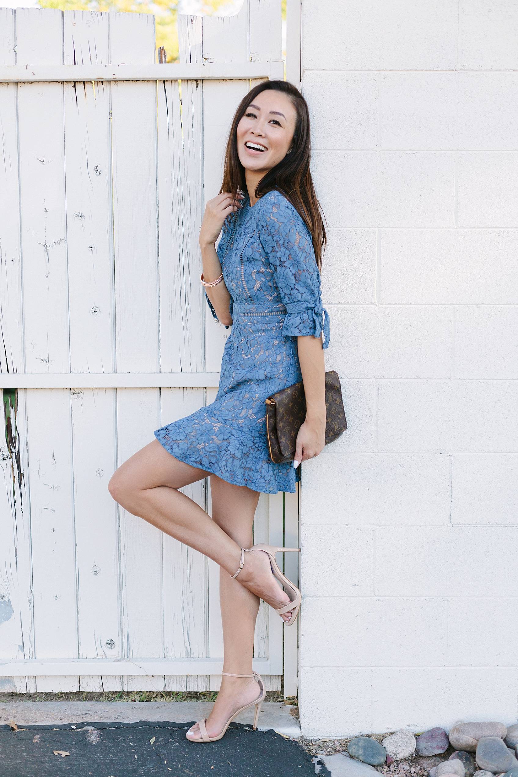 blue lace dress on lifestyle blogger diana elizabeth