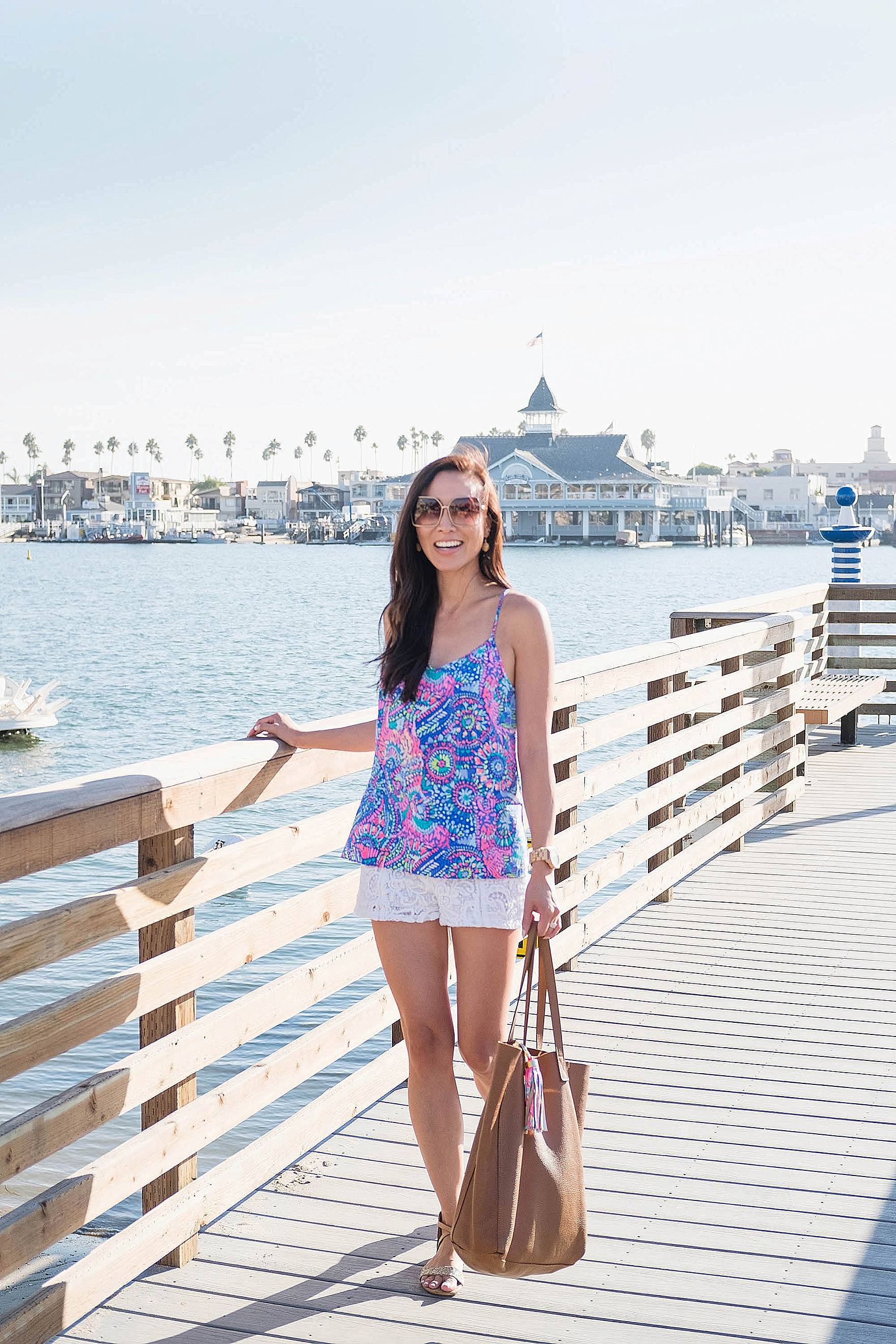 Lilly Pulitzer DUSK RACER BACK SILK TANK TOP, looking over Balboa Island
