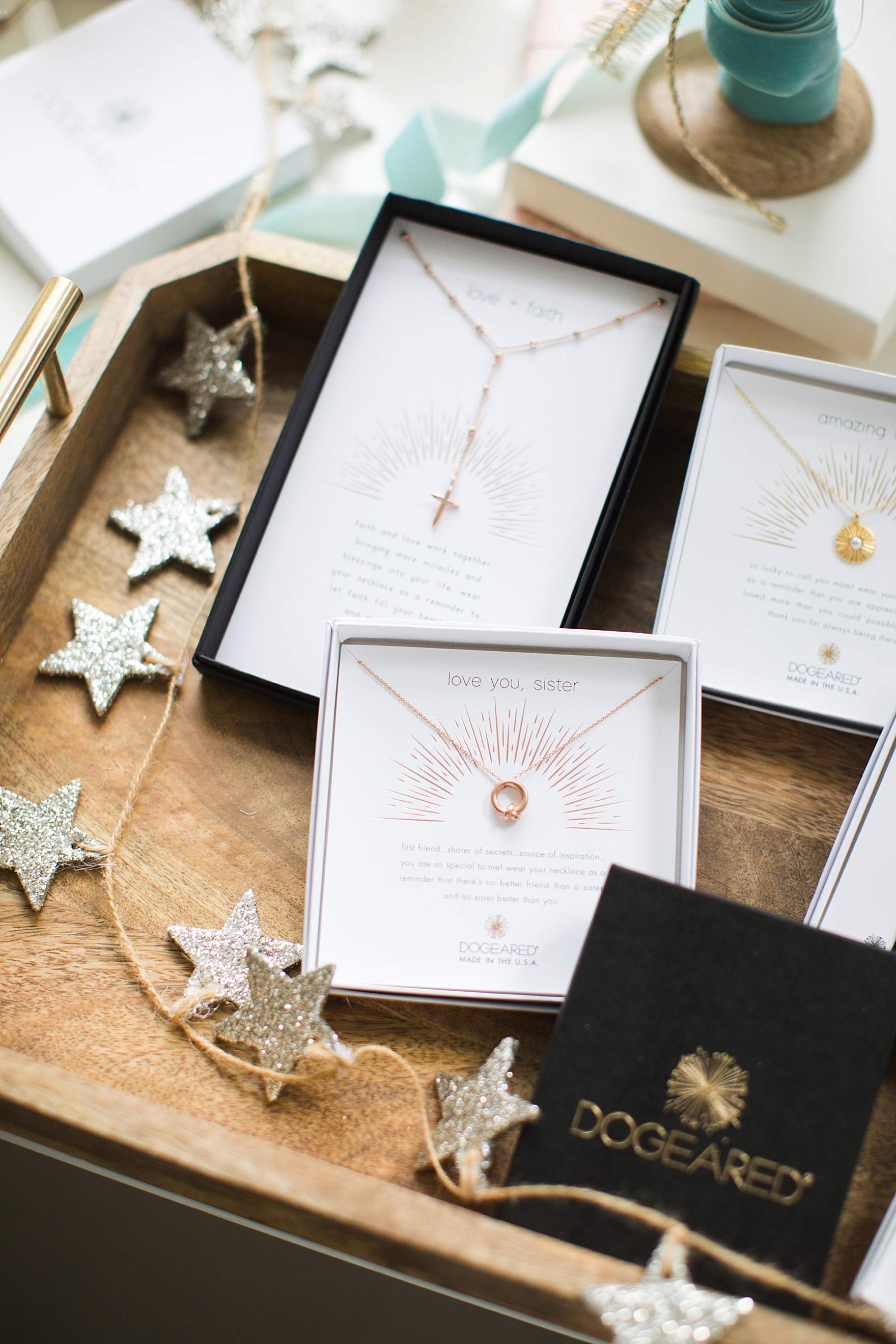 dainty necklaces gold, rose gold or silver plated by Dogeared good for holiday gifting for occasions and comes on a card that has an inspirational message