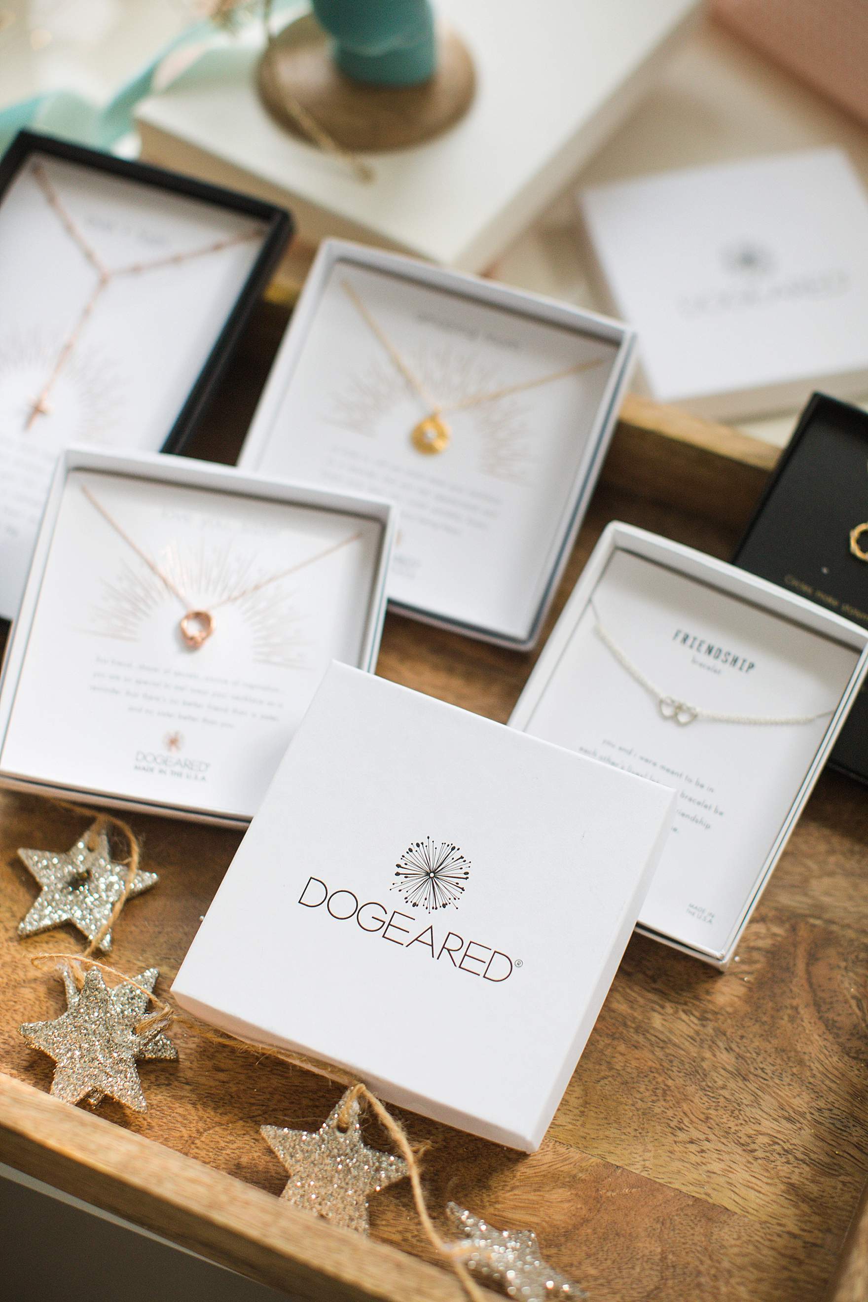 dainty necklaces gold, rose gold or silver plated by Dogeared good for holiday gifting for occasions and comes on a card that has an inspirational message