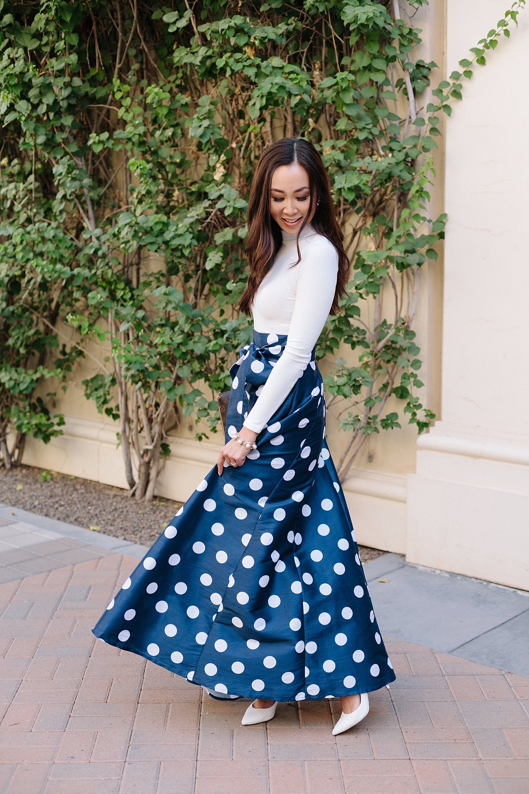 blue and white polka dot long skirt custom by eShakti with pockets! Great holiday dress outfit look on blogger Diana Elizabeth