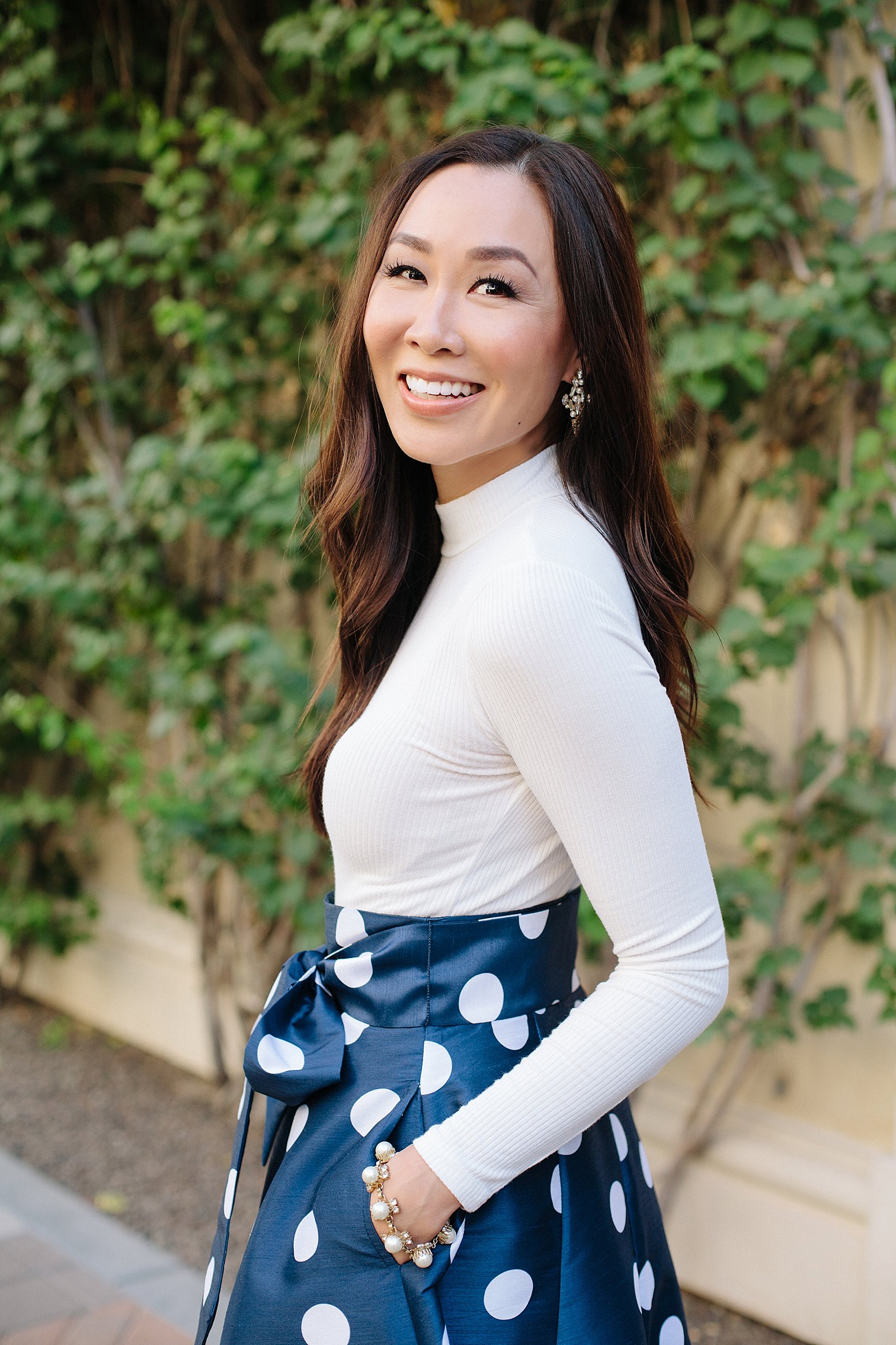 blue and white polka dot long skirt custom by eShakti with pockets! Great holiday dress outfit look on blogger Diana Elizabeth