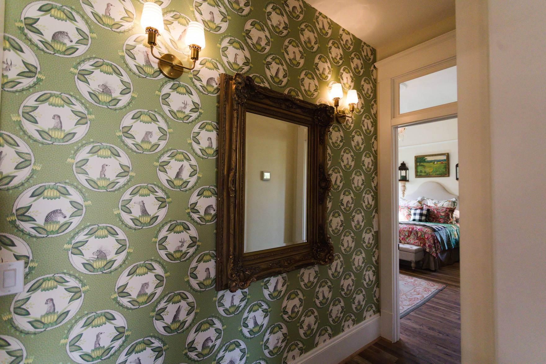 Home Tour of Boho Farm and Home in Downtown Phoenix - cottage brick style home from 1903 hallway wallpaper creature cameo wallpaper anthropologie