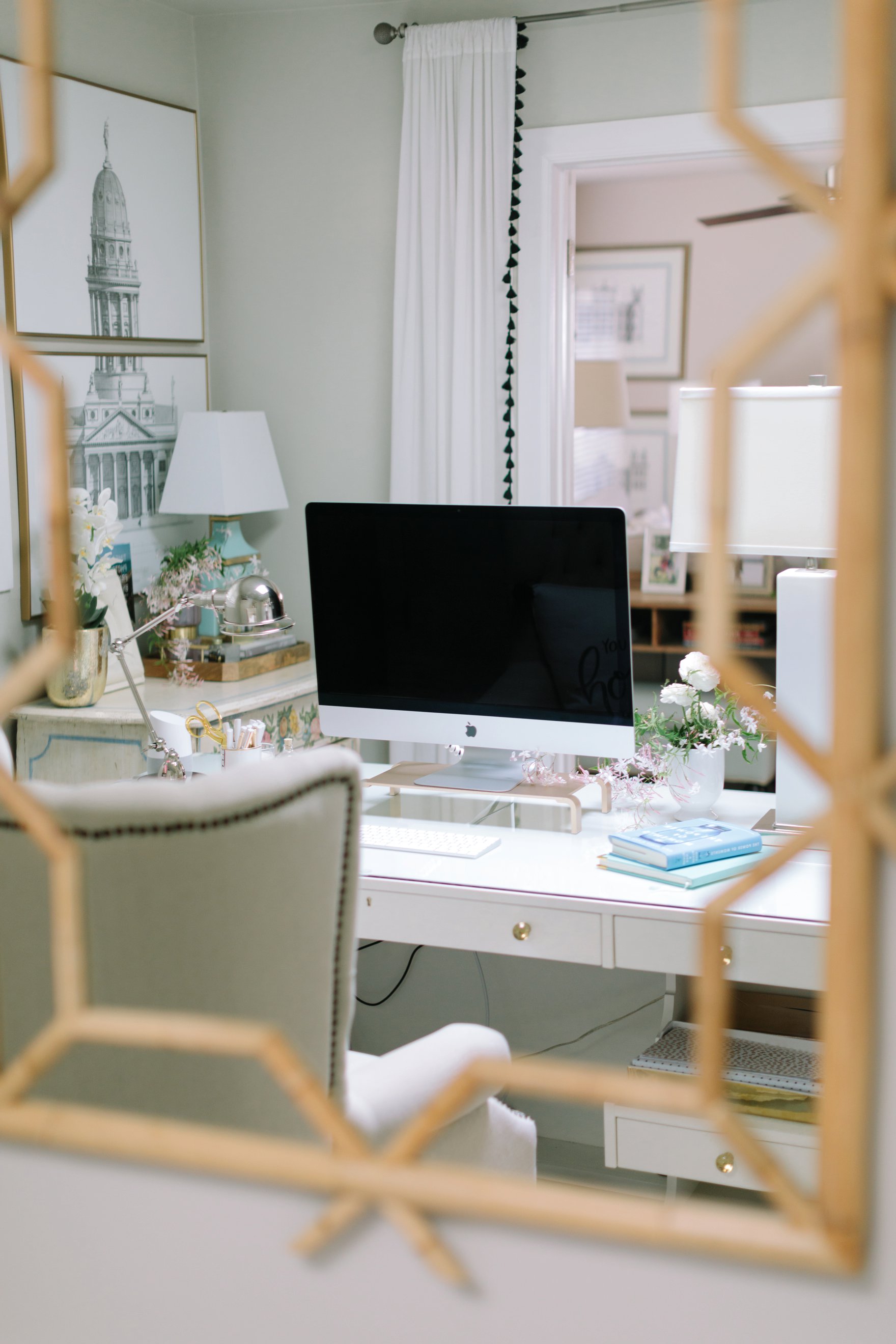 blogger photographer home office decor Diana Elizabeth's office featuring Coastal Living by Stanley Furniture Oasis Cape Dutch Writing Desk shelving and storage