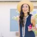 navy Lilly pulitzer Jane shift dress with sunhat on blogger Diana Elizabeth in San Diego in front of a tulip tree