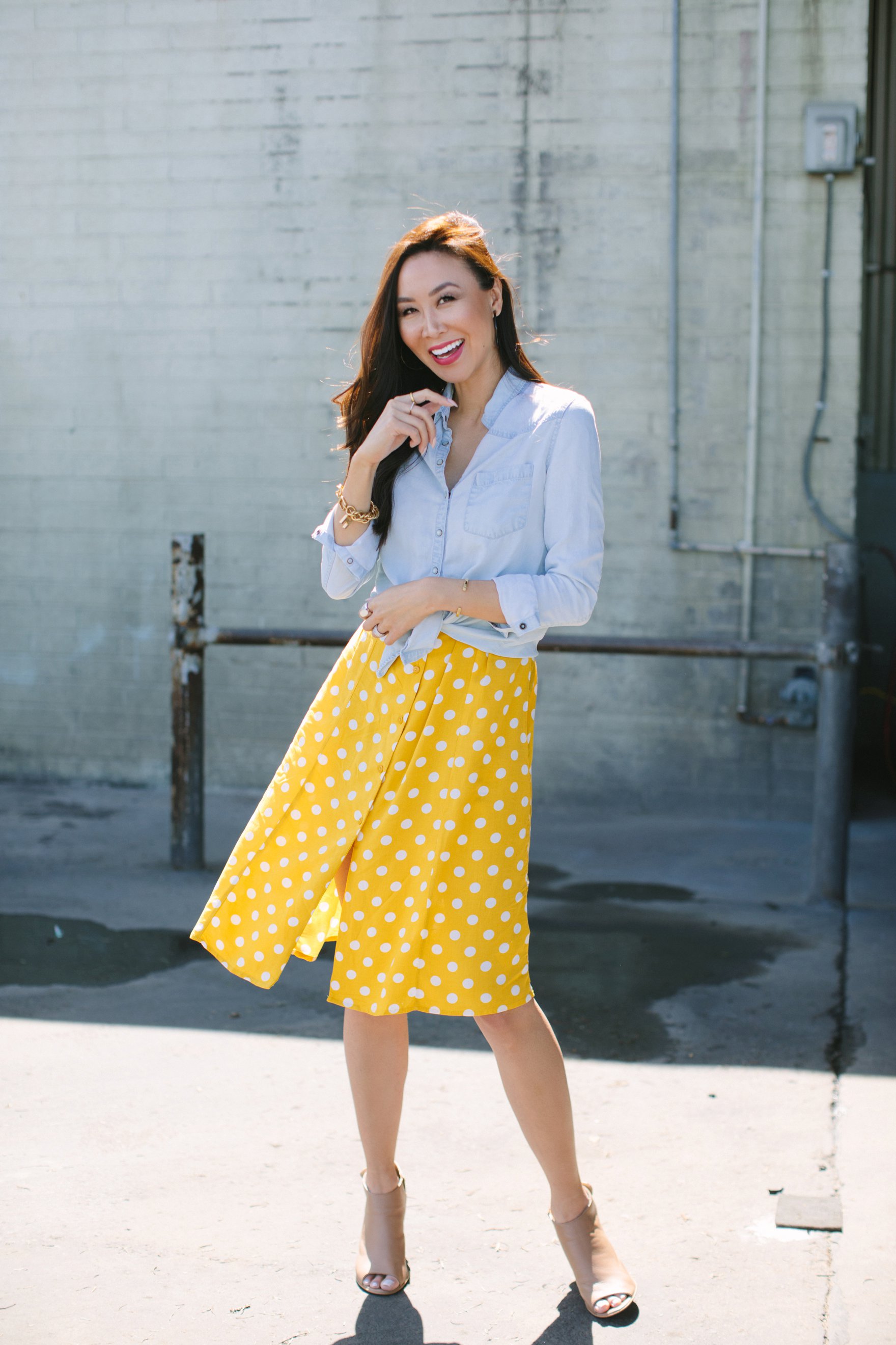 Yellow and white polka dot dress forever 21 paired with a chambray top featuring India hicks bracelet and other jewels lifestyle blogger Diana Elizabeth