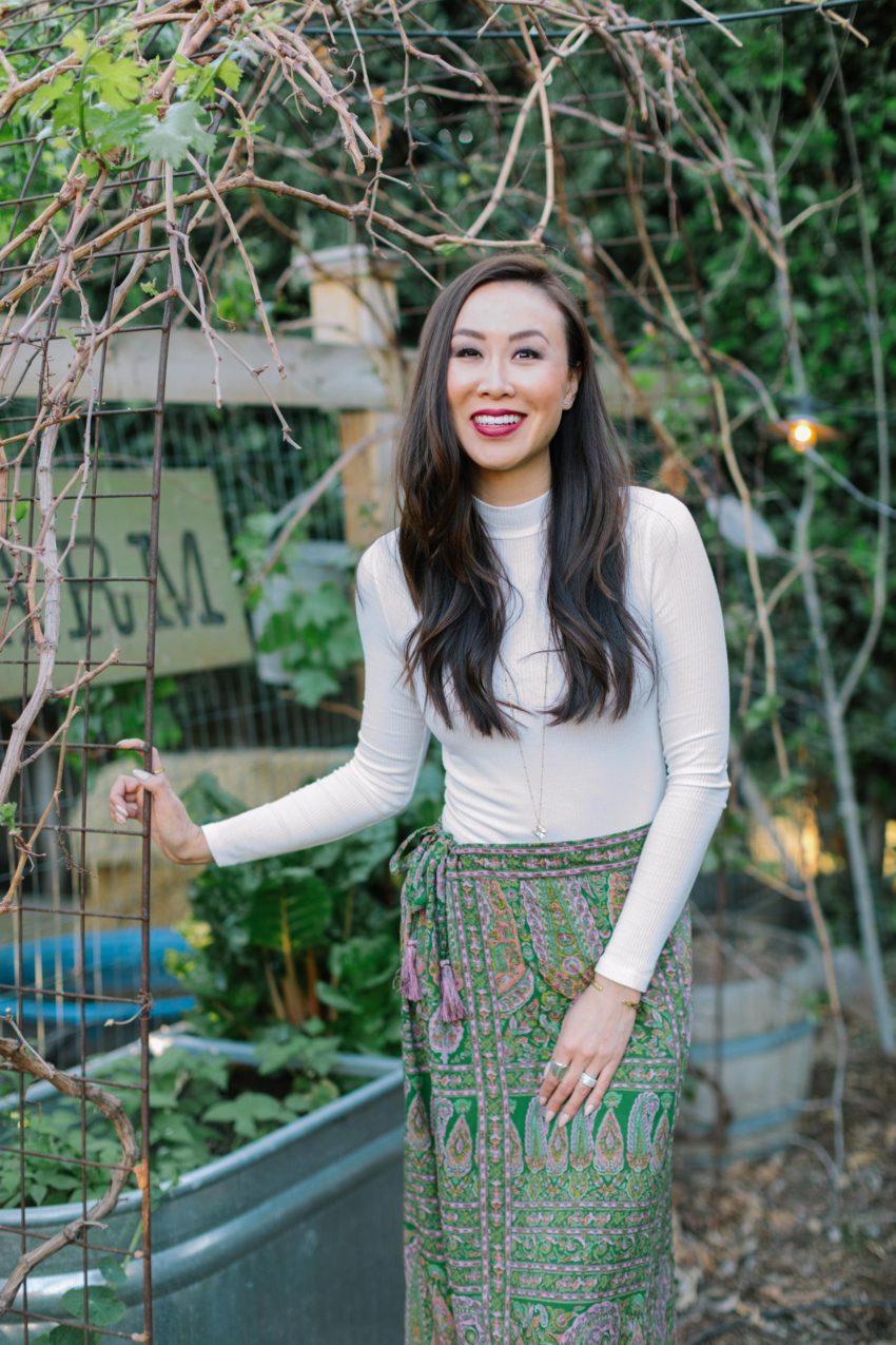 Boho Farm and Home Dinner theme Spain in backyard tapas. Walking in the garden by the chicken coop