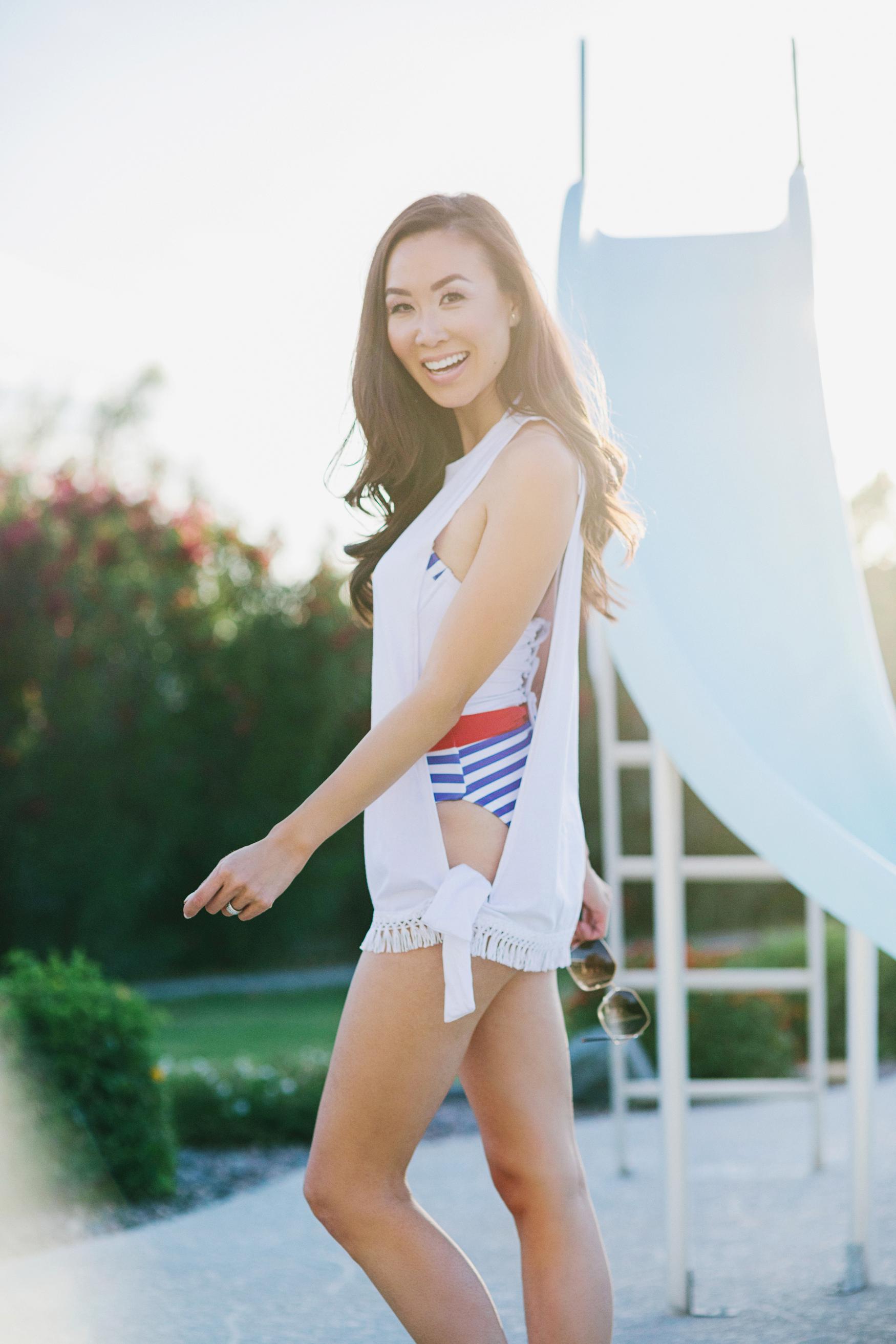 yandy affordable stylish swimsuits - on lifestyle blogger Diana Elizabeth - white fringe coverup