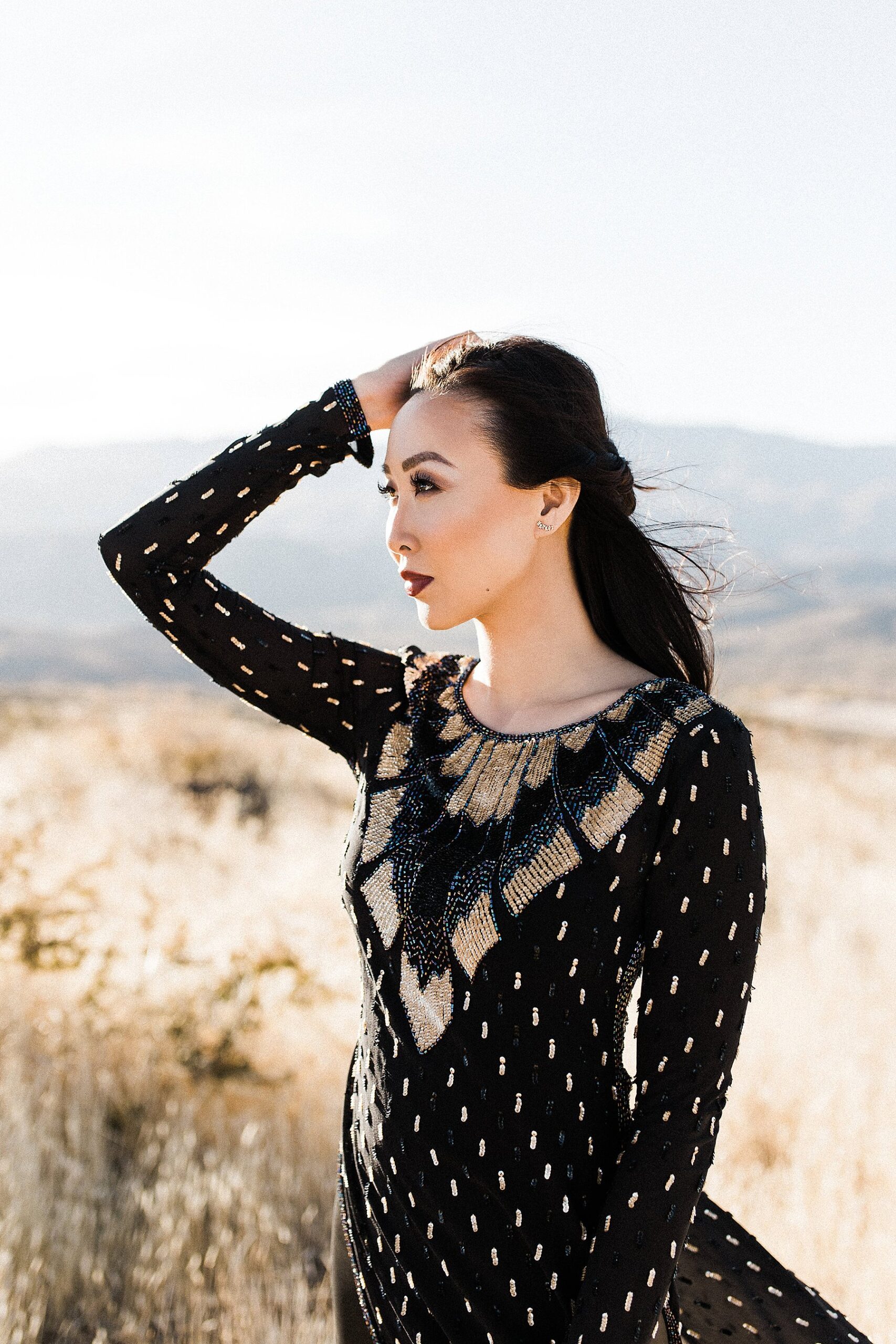Golden hour light in dry phoenix arizona fields in black gown from Calypso st. Barths // Lifestyle blogger Diana Elizabeth