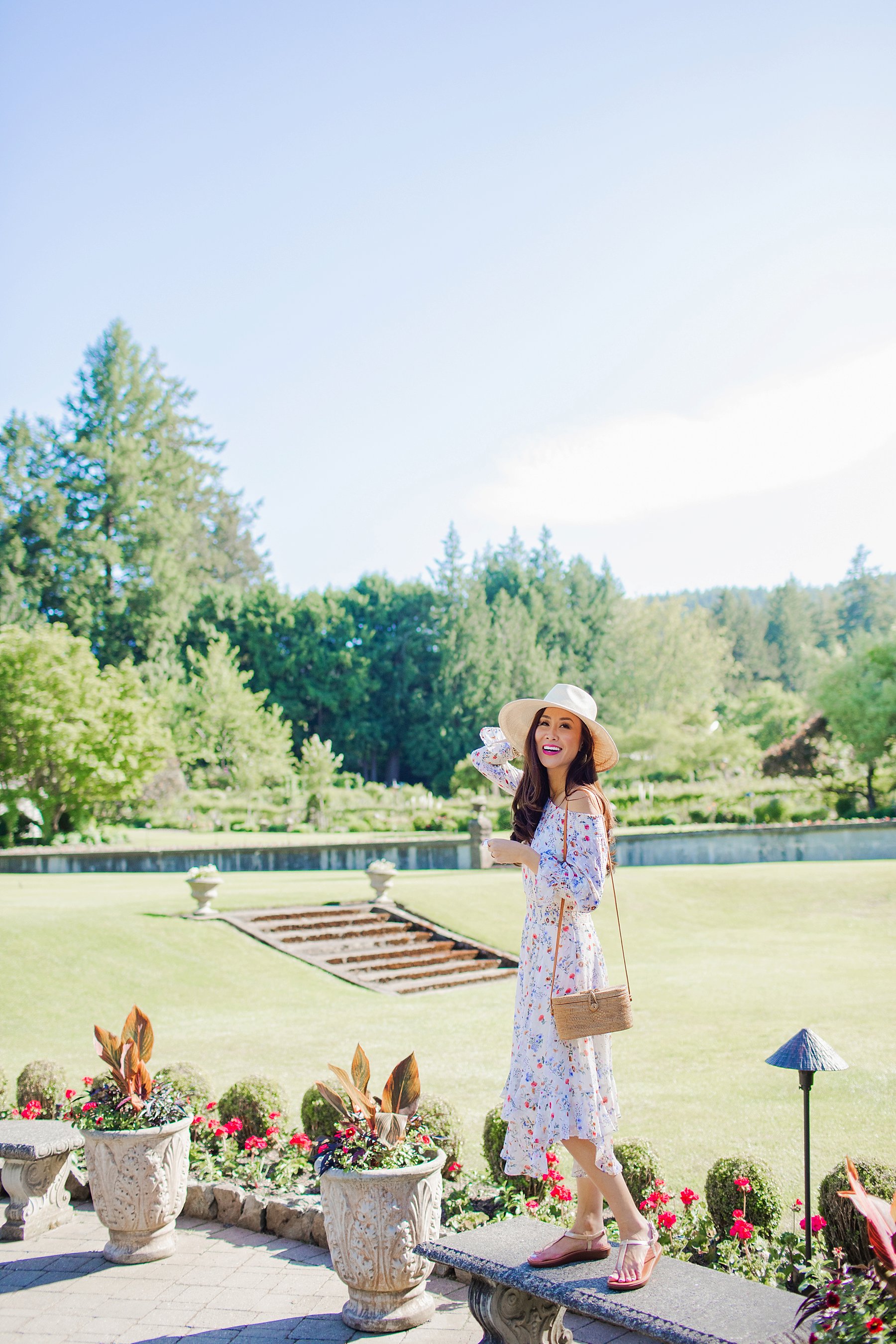 butchart gardens in Victoria Canada wearing floral strapless dress Tahari ASL on blogger Diana Elizabeth 