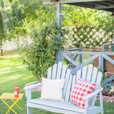 garden bench soft light blue from Wayfair backyard entertaining goals seating on the blog