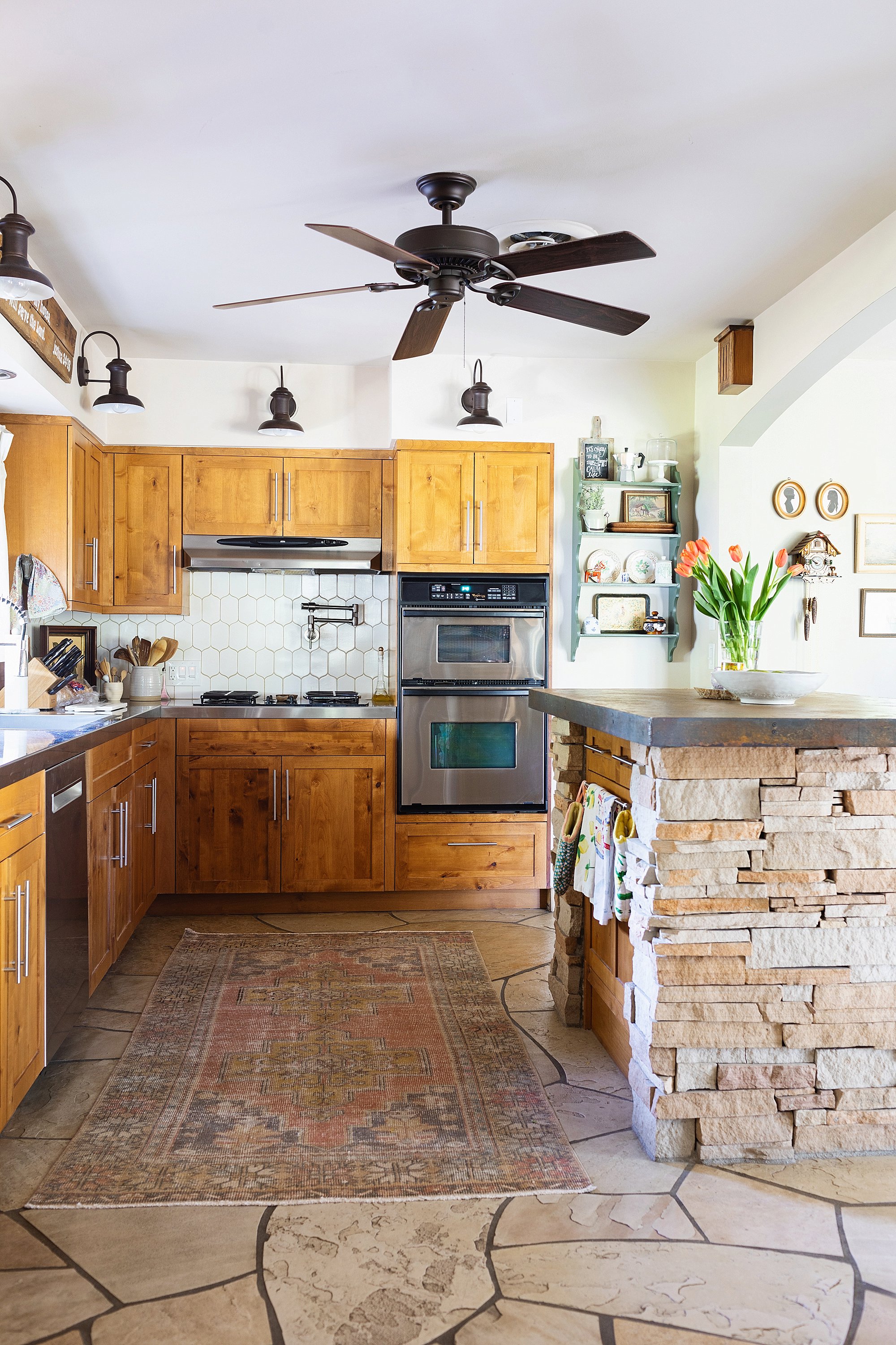 Kitchen style white walker Zanger 6yth avenue cocoon tile in Phoenix lifestyle blogger Diana Elizabeth's home. Cottage rustic style kitchen with flagstone an cement island
