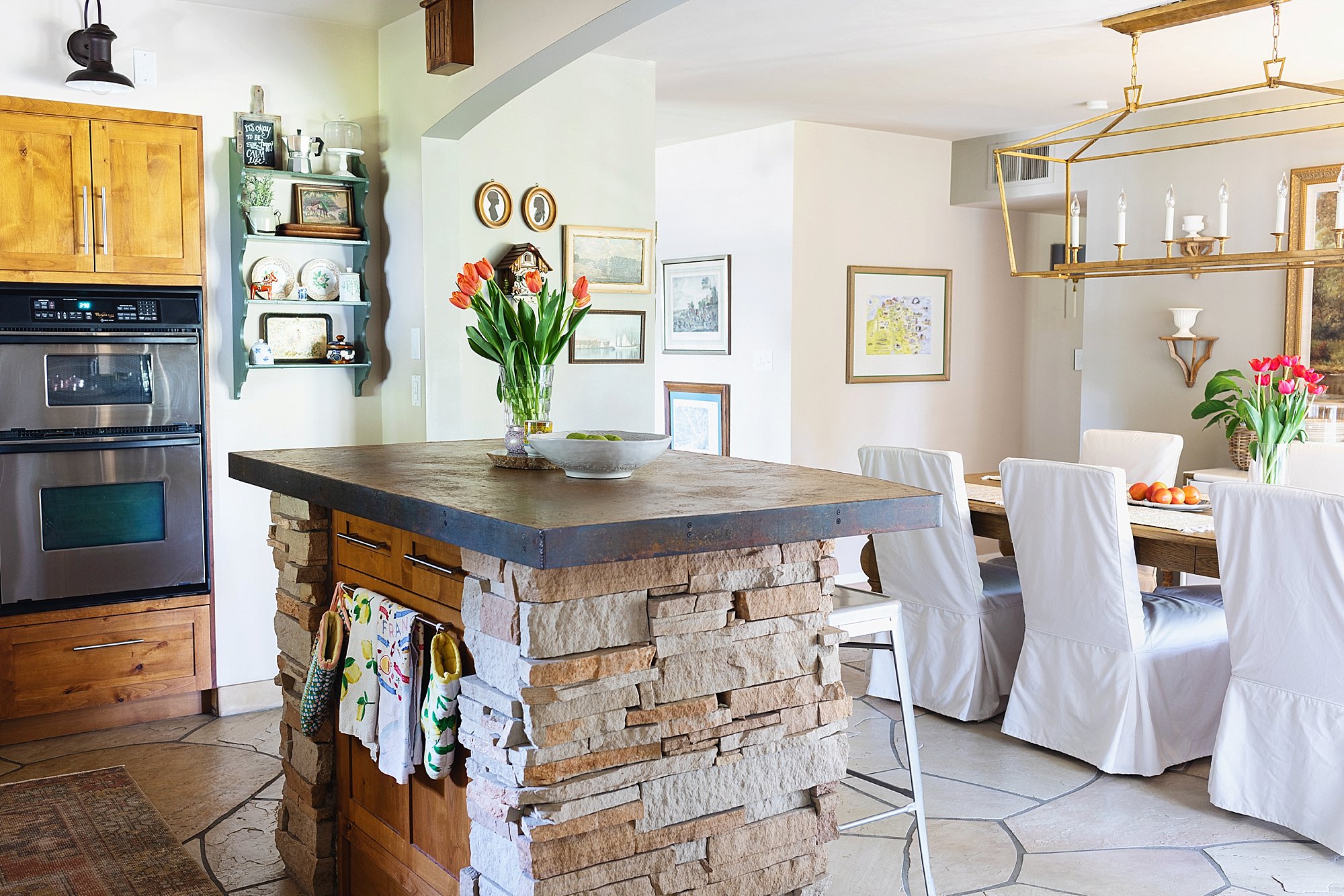 Kitchen style white walker Zanger 6yth avenue cocoon tile in Phoenix lifestyle blogger Diana Elizabeth's home. Cottage rustic style kitchen with flagstone an cement island