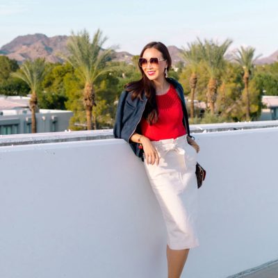Banana republic high waist paper bag skirt with faux suede blue jacket on phoenix lifestyle blogger diana Elizabeth