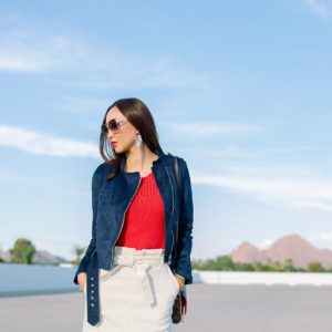 Banana republic high waist paper bag skirt with faux suede blue jacket on phoenix lifestyle blogger diana Elizabeth