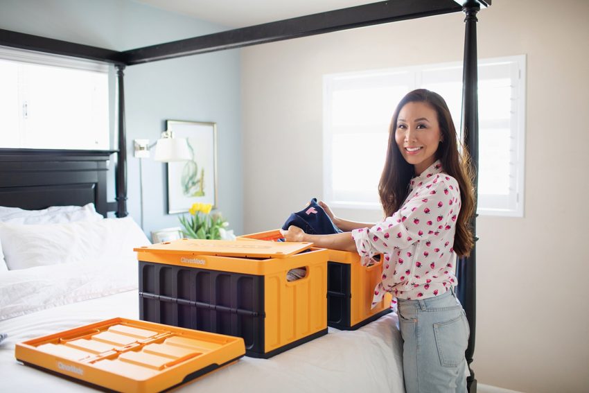 Collapsible crate tote by CleverMade with lids! Great for storage when not in use and these are my favorite plastic crates ever! See how I use them on the blog