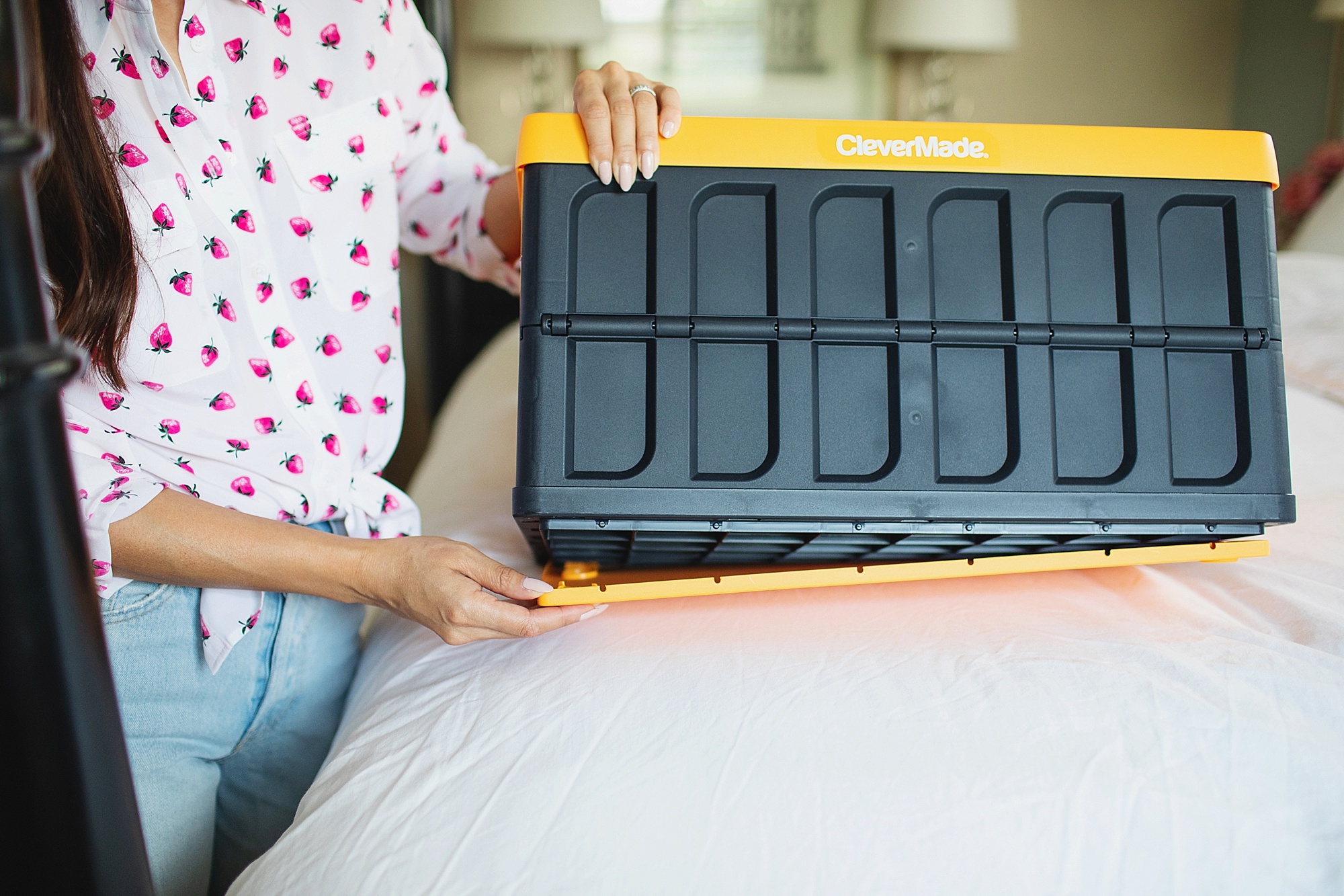 Collapsible crate tote by CleverMade with lids! Great for storage when not in use and these are my favorite plastic crates ever! See how I use them on the blog