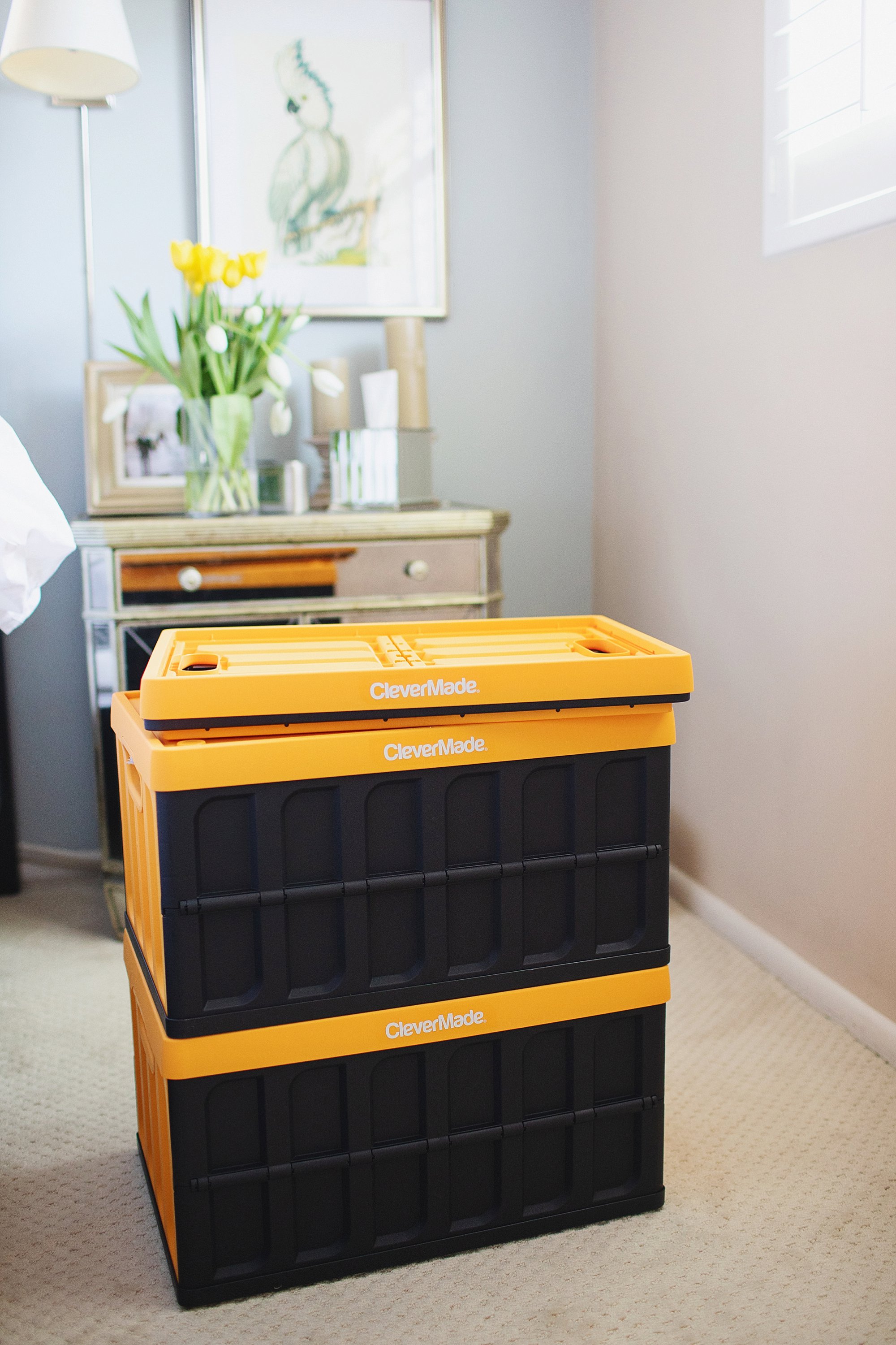 Collapsible crate tote by CleverMade with lids! Great for storage when not in use and these are my favorite plastic crates ever! See how I use them on the blog