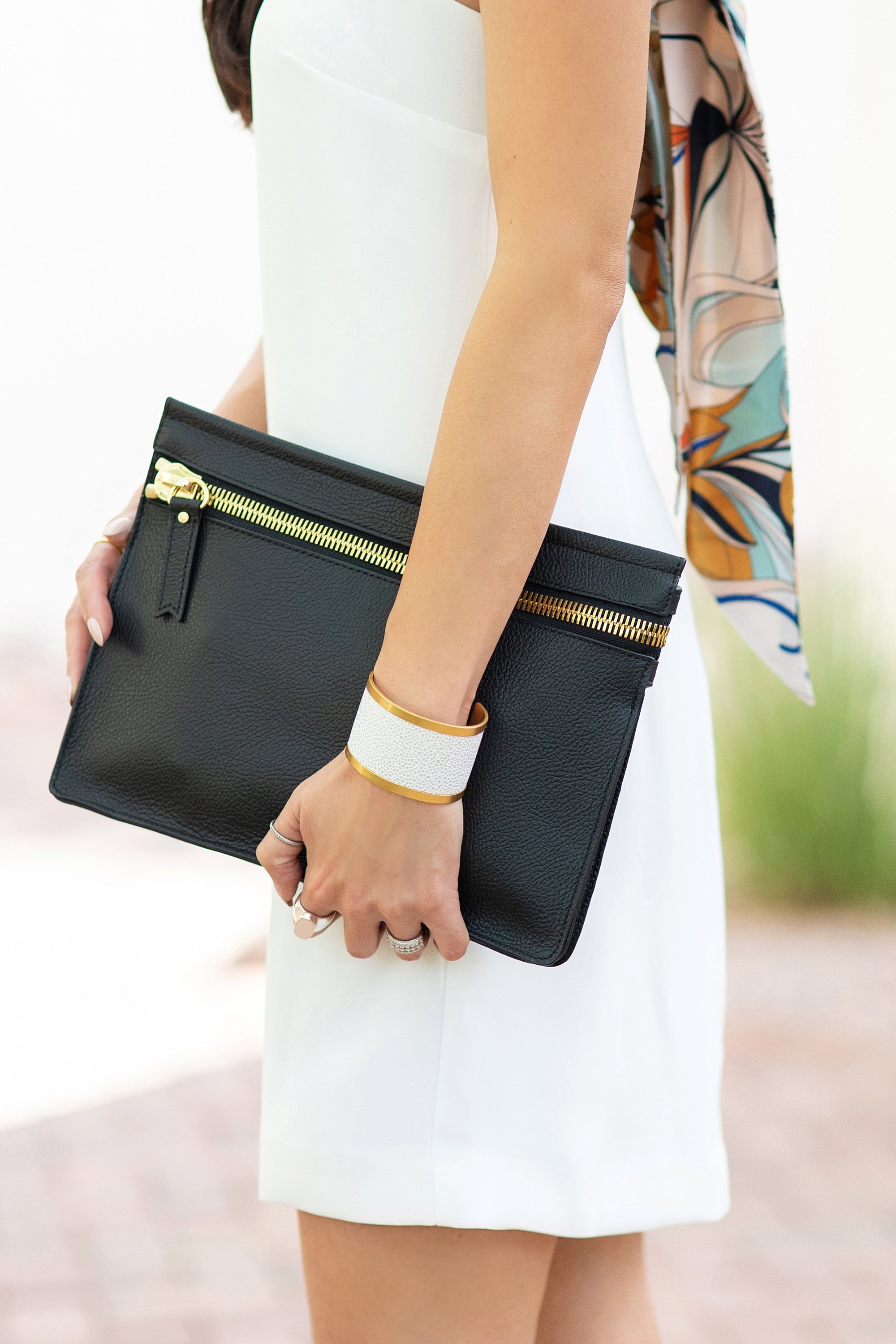 Mango Gugi2 scarf dress on blogger Diana Elizabeth in Phoenix, Arizona. Scarf dress paired a black clutch by India Hicks and white leather brass cuff and tortoise acrylic hoops