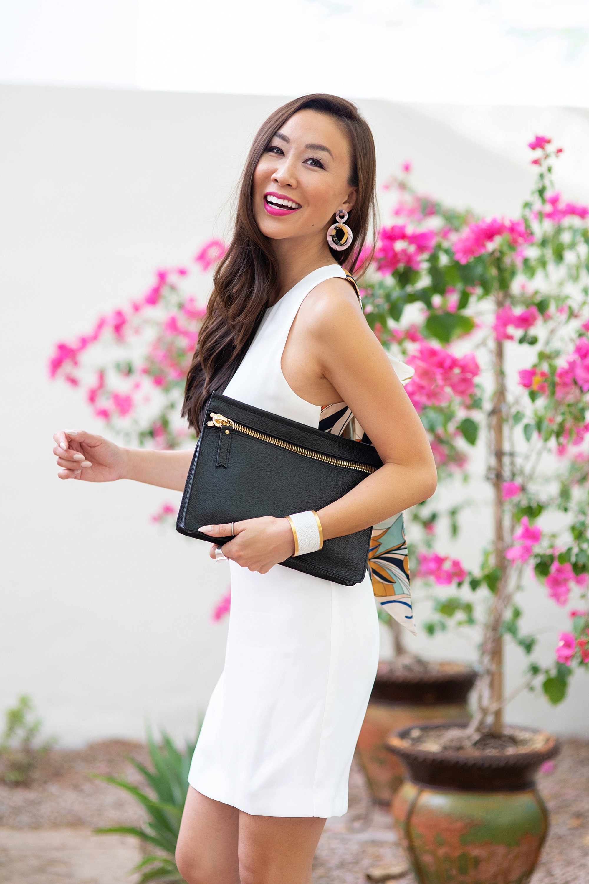 Mango Gugi2 scarf dress on blogger Diana Elizabeth in Phoenix, Arizona. Scarf dress paired a black clutch by India Hicks and white leather brass cuff and tortoise acrylic hoops