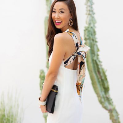 Mango Gugi2 scarf dress on blogger Diana Elizabeth in Phoenix, Arizona. Scarf dress paired a black clutch by India Hicks and white leather brass cuff