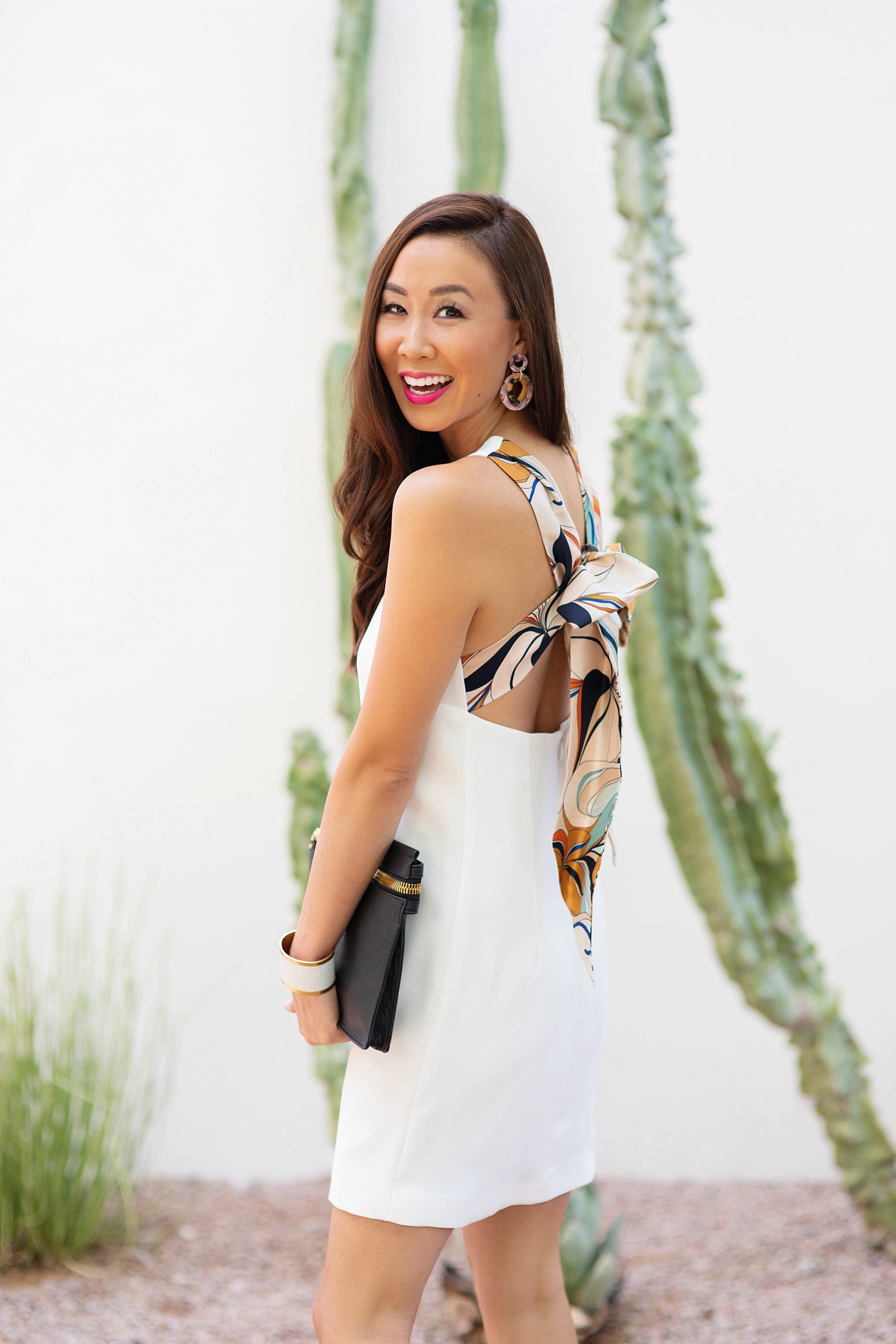 Mango Gugi2 scarf dress on blogger Diana Elizabeth in Phoenix, Arizona. Scarf dress paired a black clutch by India Hicks and white leather brass cuff