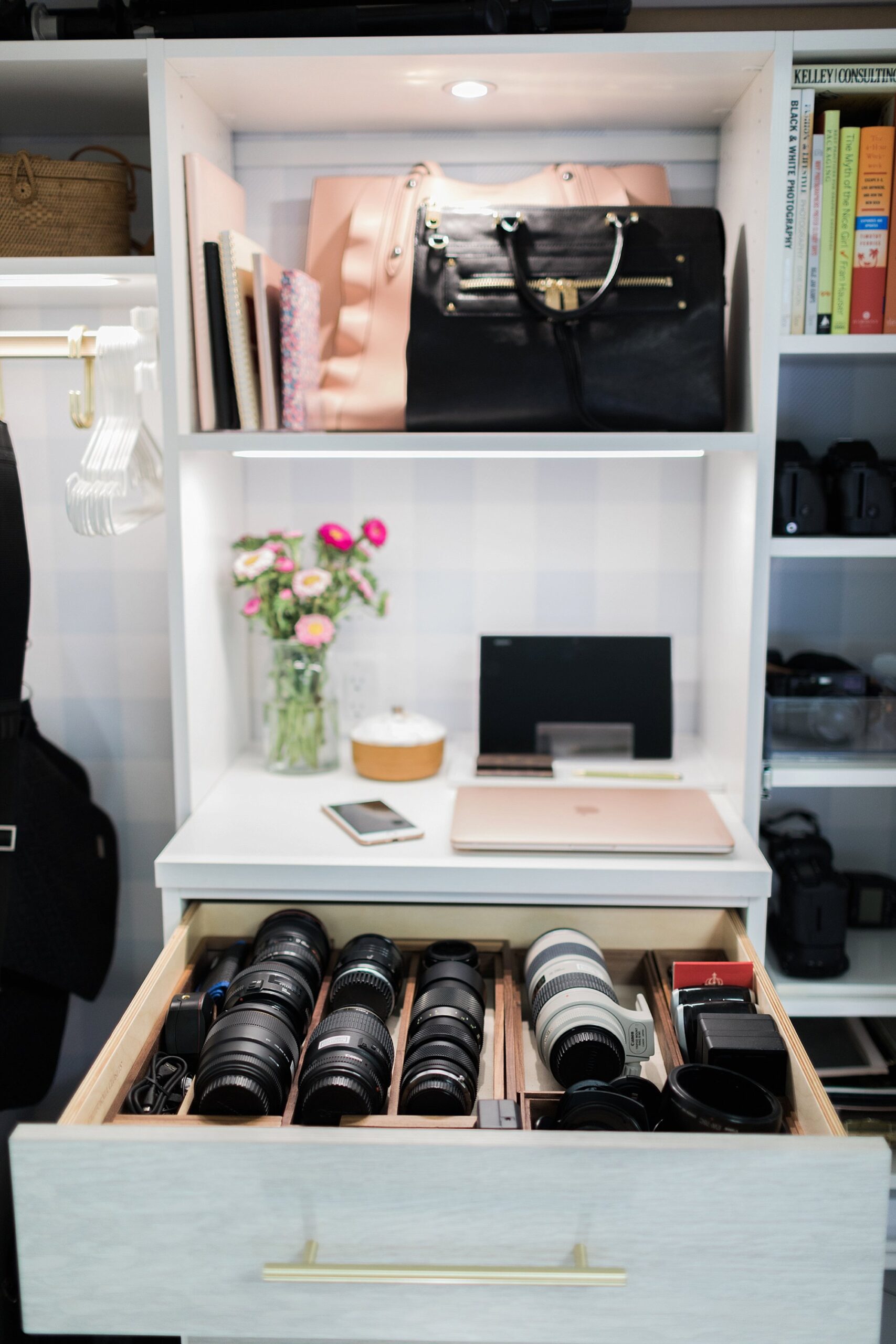 camera lens drawer lens organization blogger photographer office closet and how to organize and store camera lenses