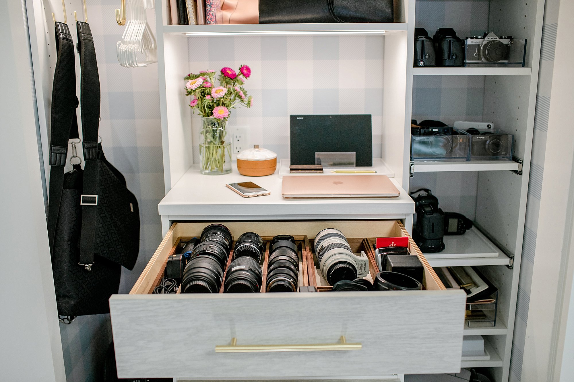 camera lens drawer in home office belonging to blogger and photographer Diana Elizabeth. See more on the blog post! #blogger #photographer #organization #office