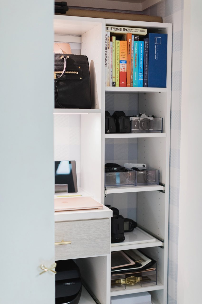 full reveal of a home office closet reveal belonging to photographer blogger Diana Elizabeth in phoenix arizona. created by California closets and with removable buffalo check wallpaper