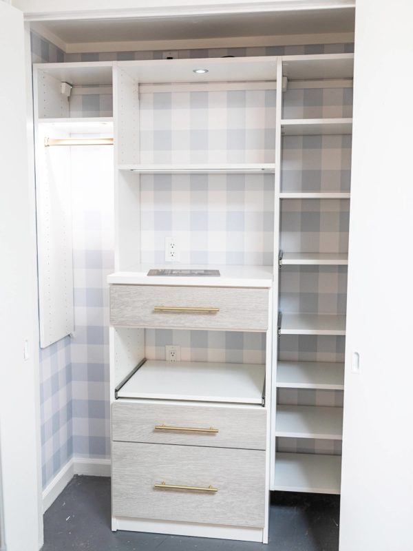 steps of the remake of my office closet with outlets and removable buffalo check wallpaper install with California closets and lighting