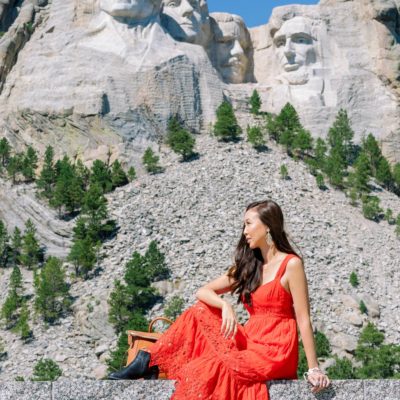 south Dakota mount rushmore wearing red free people dress