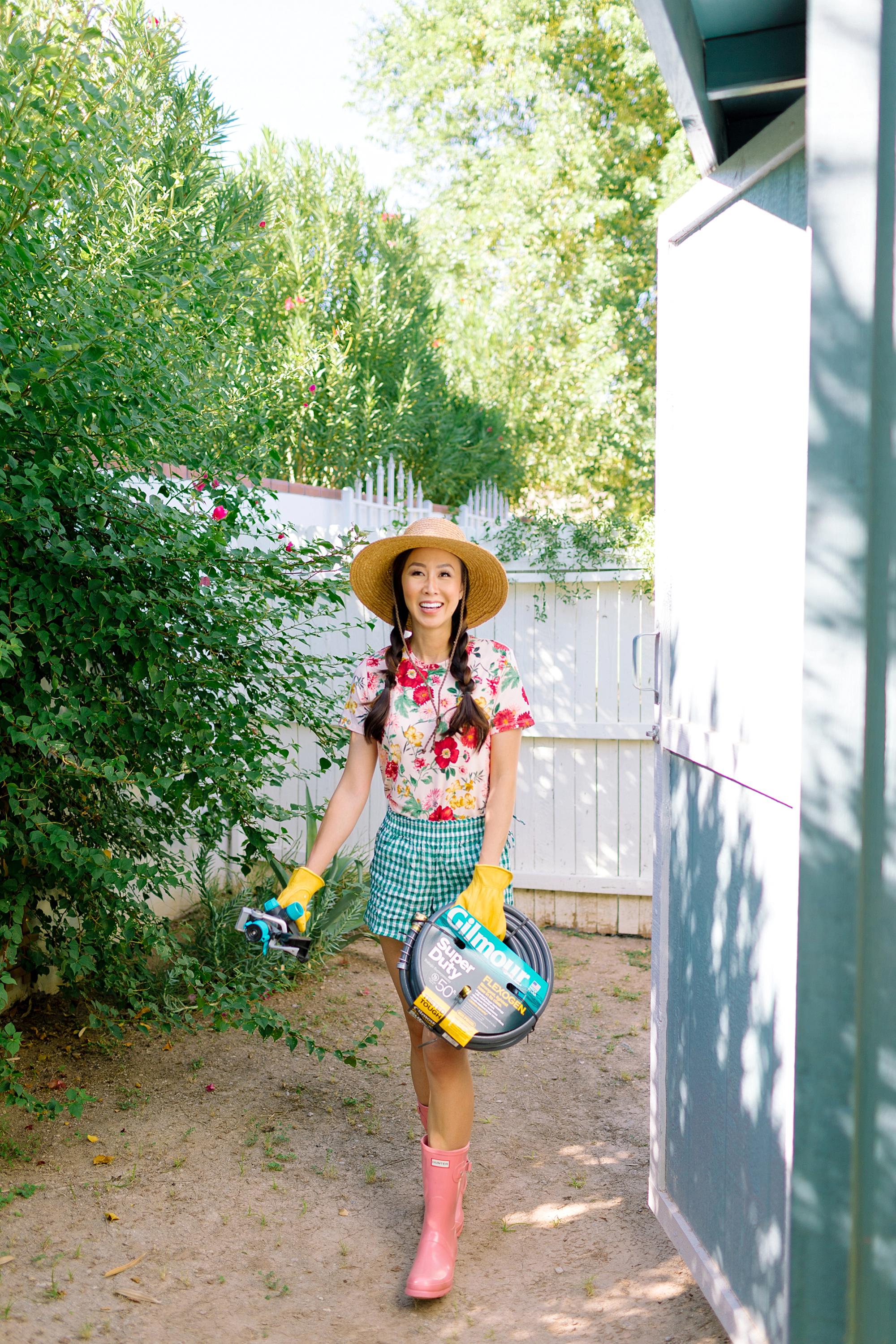 Garden preparation with Fiskars and Gilmour flexogen hose with tool shed tour garden lifestyle blogger Diana Elizabeth phoenix arizona wearing floral shirt and gingham shorts