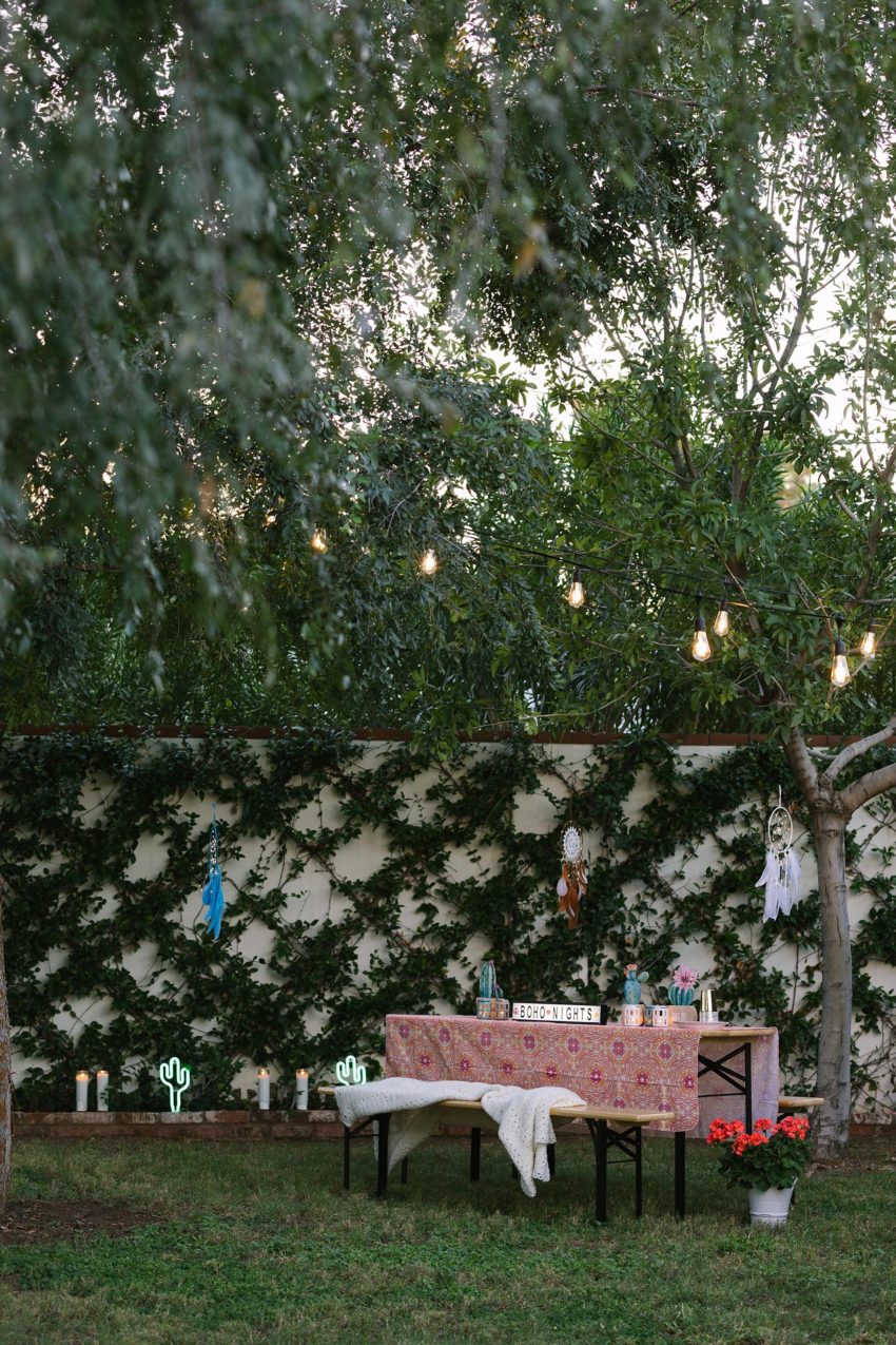 cafe string lights for a boho nights theme party great for a wedding too, these from the 99 cent only store! Check out this boho theme party on the blog #boho #bohoparty #bohoshower