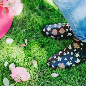 in the garden cutting roses //chai floral leather booties in black FitFlop cute booties and garden booties too with a pink tubtrug