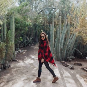 Moorten Botanical Garden Palm Springs cactus garden outdoor buffalo check poncho Abercrombie on phoenix travel and lifestyle blogger Diana Elizabeth wearing cozy shearling boots by FitFlop #cactusgarden #palmsprings