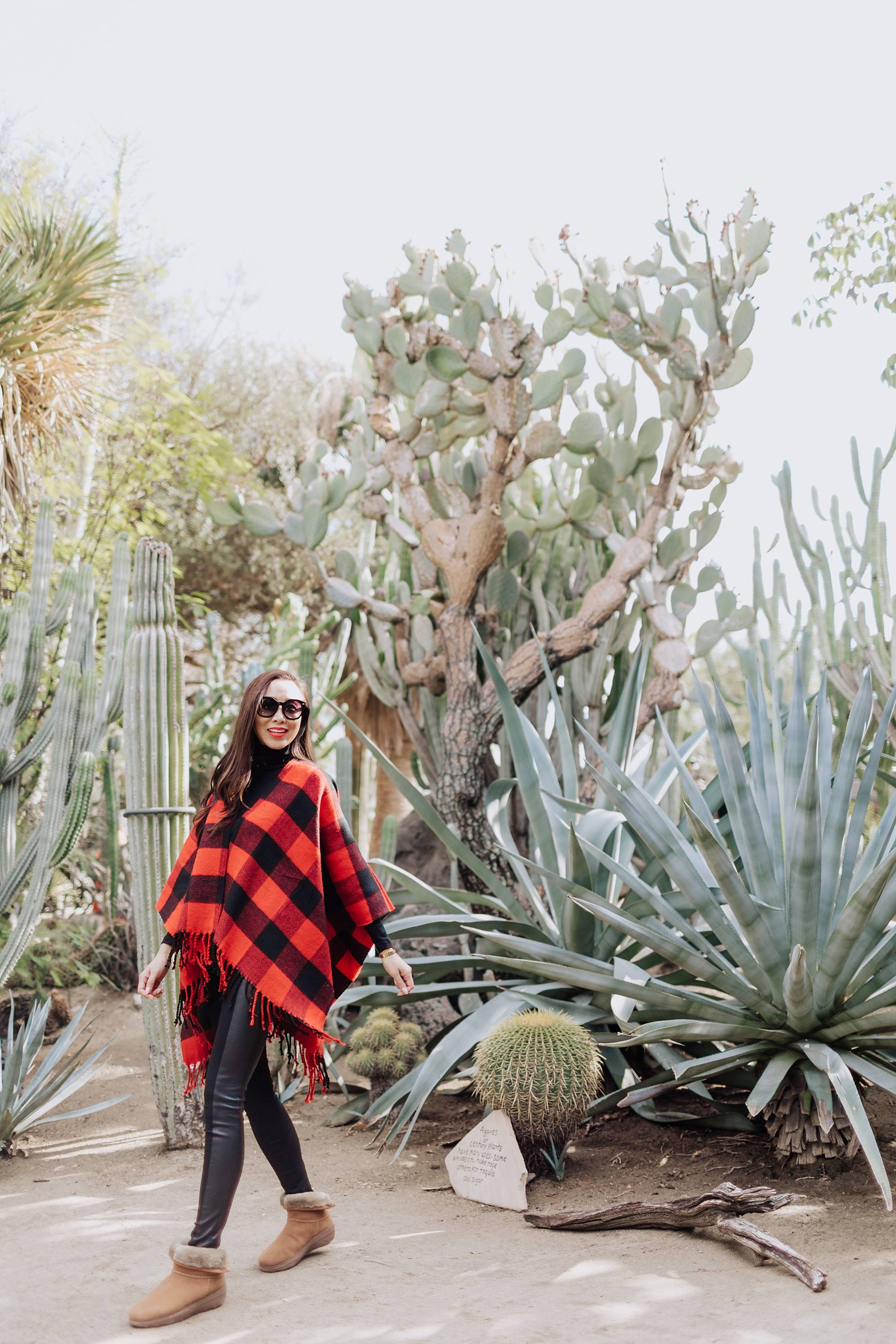 Moorten Botanical Garden Palm Springs cactus garden outdoor buffalo check poncho Abercrombie on phoenix travel and lifestyle blogger Diana Elizabeth wearing cozy shearling boots by FitFlop #cactusgarden #palmsprings
