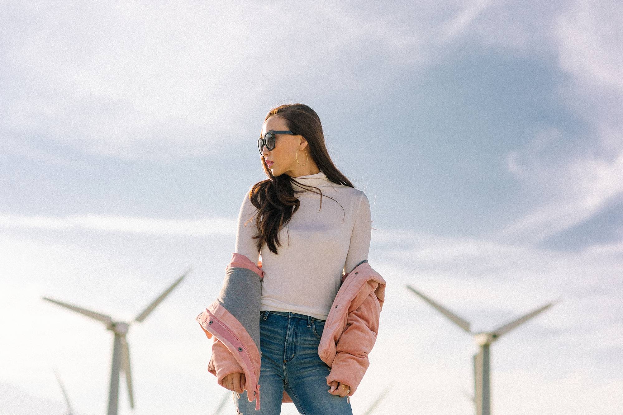 Palm Springs windmills windmill tour pink velvet puffer jacket embroidered floral jeans Abercrombie and tecovas boots on Phoenix lifestyle blogger Diana Elizabeth