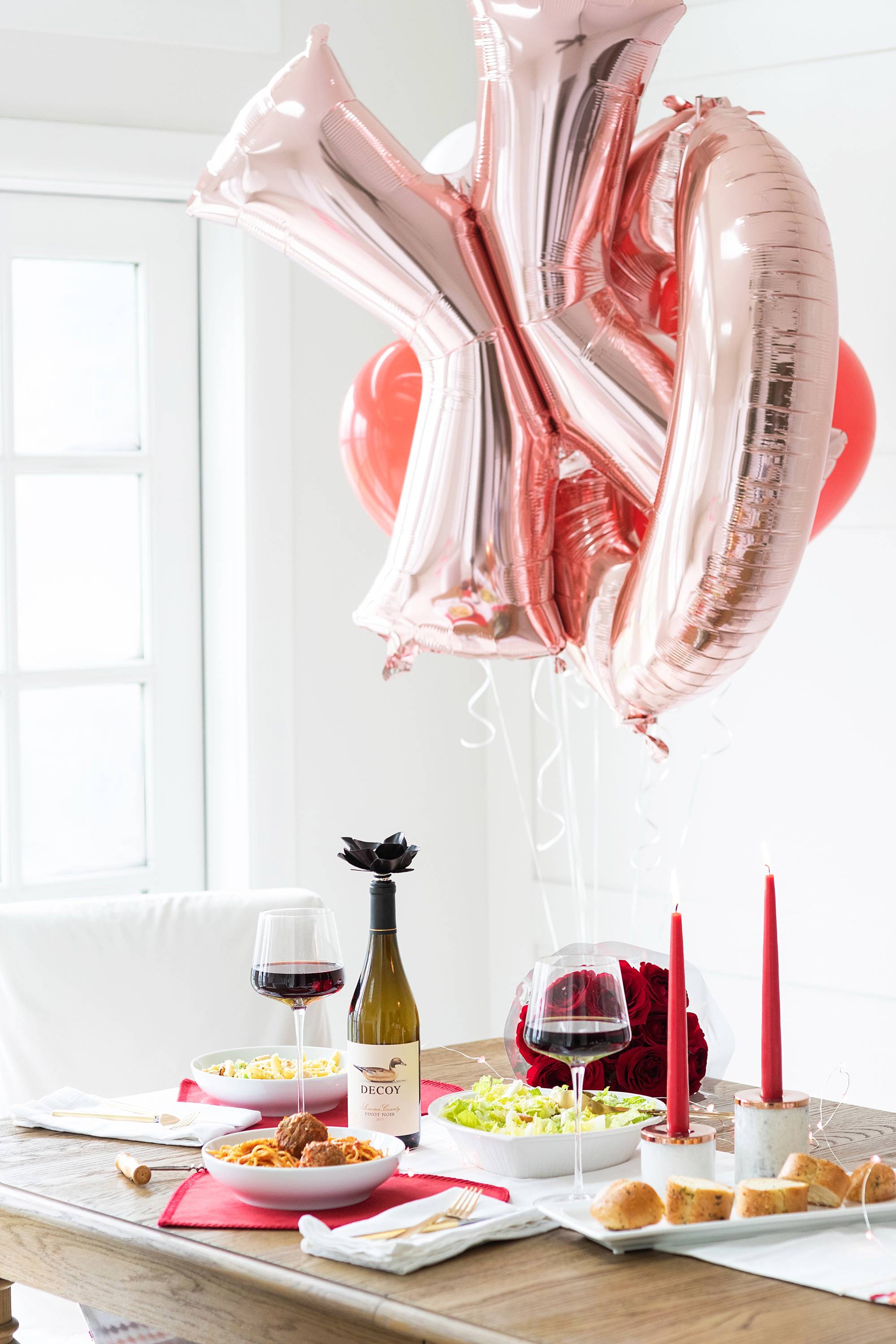 romantic valentines day dinner with decoy wine