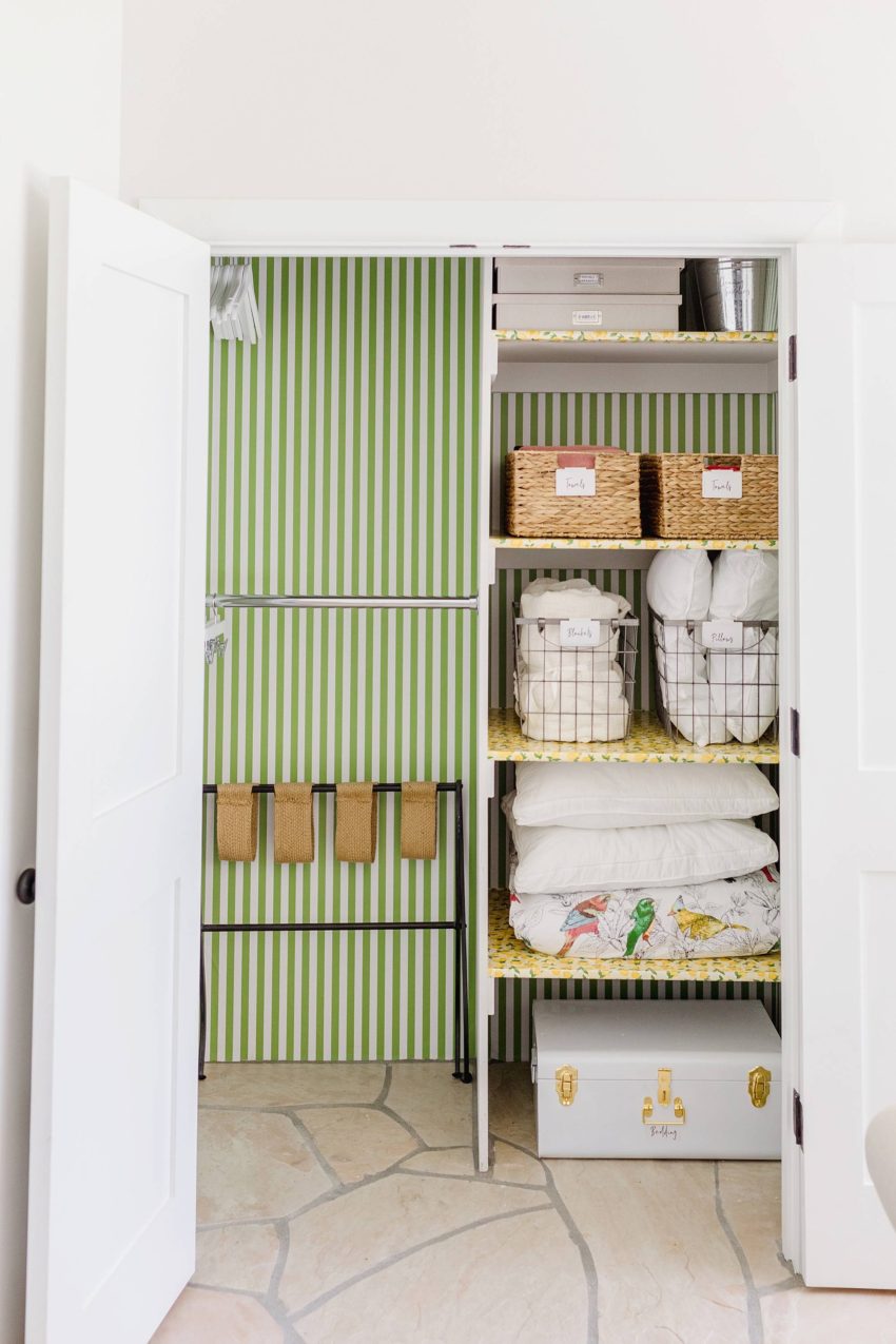 guest closet lemon print green white stripe wallpaper