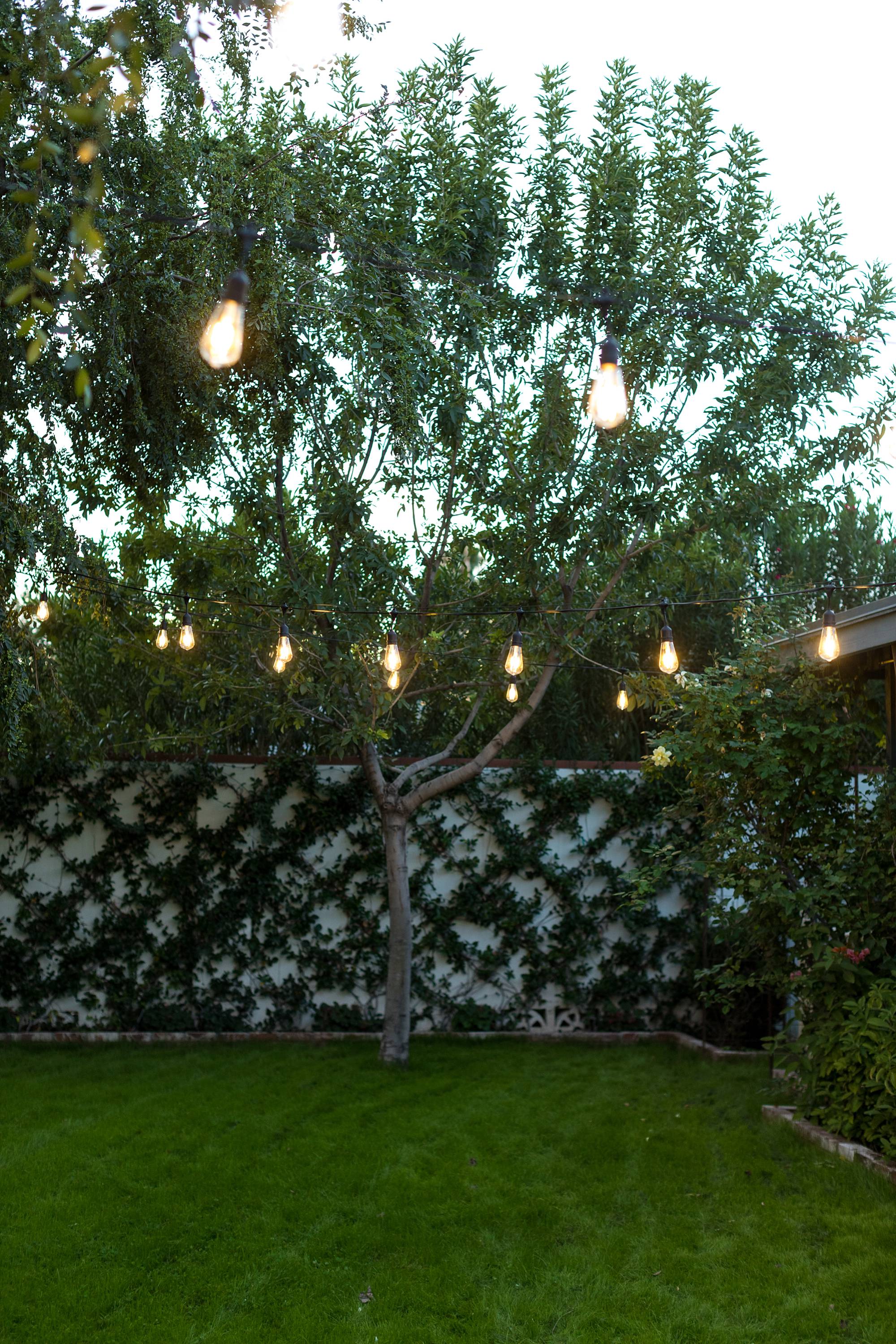 how to hang cafe string lights on cable wire in backyard - easy DIY and all the materials you need