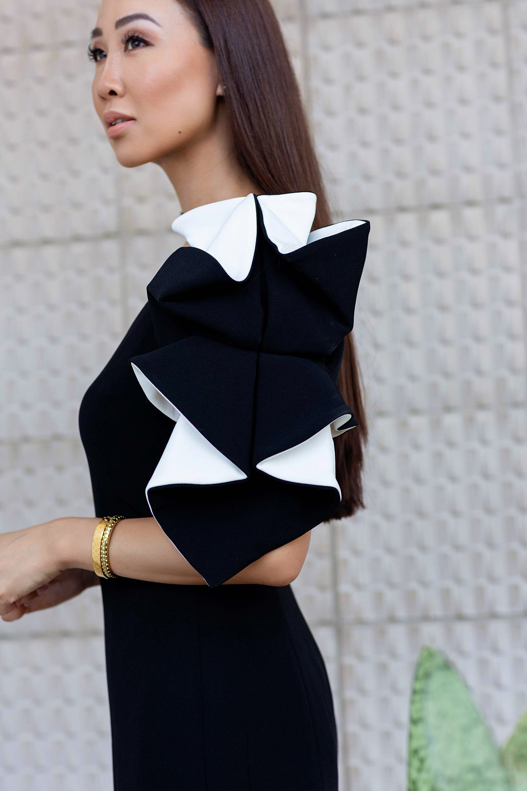 Badgley Mischka origami sleeve black dress on lifestyle blogger Diana Elizabeth