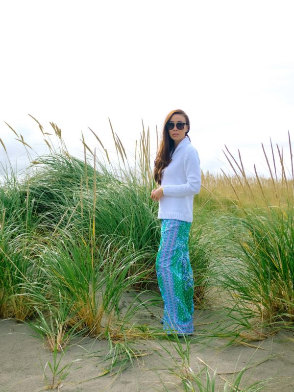 sitting on Long Beach Washington in Lilly Pulitzer BAL HARBOUR MID-RISE PALAZZO PANT